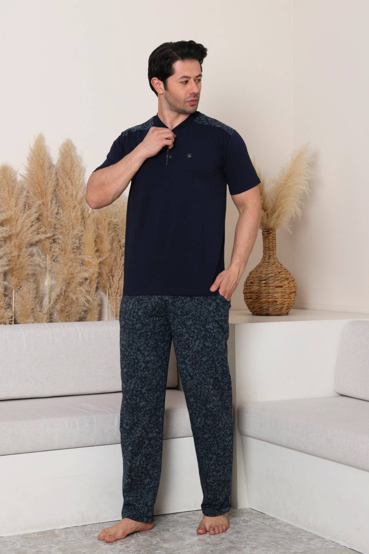 Erkek Pijama Takımı - Yeşil Kamuflaj Desen Likralı Kısa Kollu Penye 1229KYL