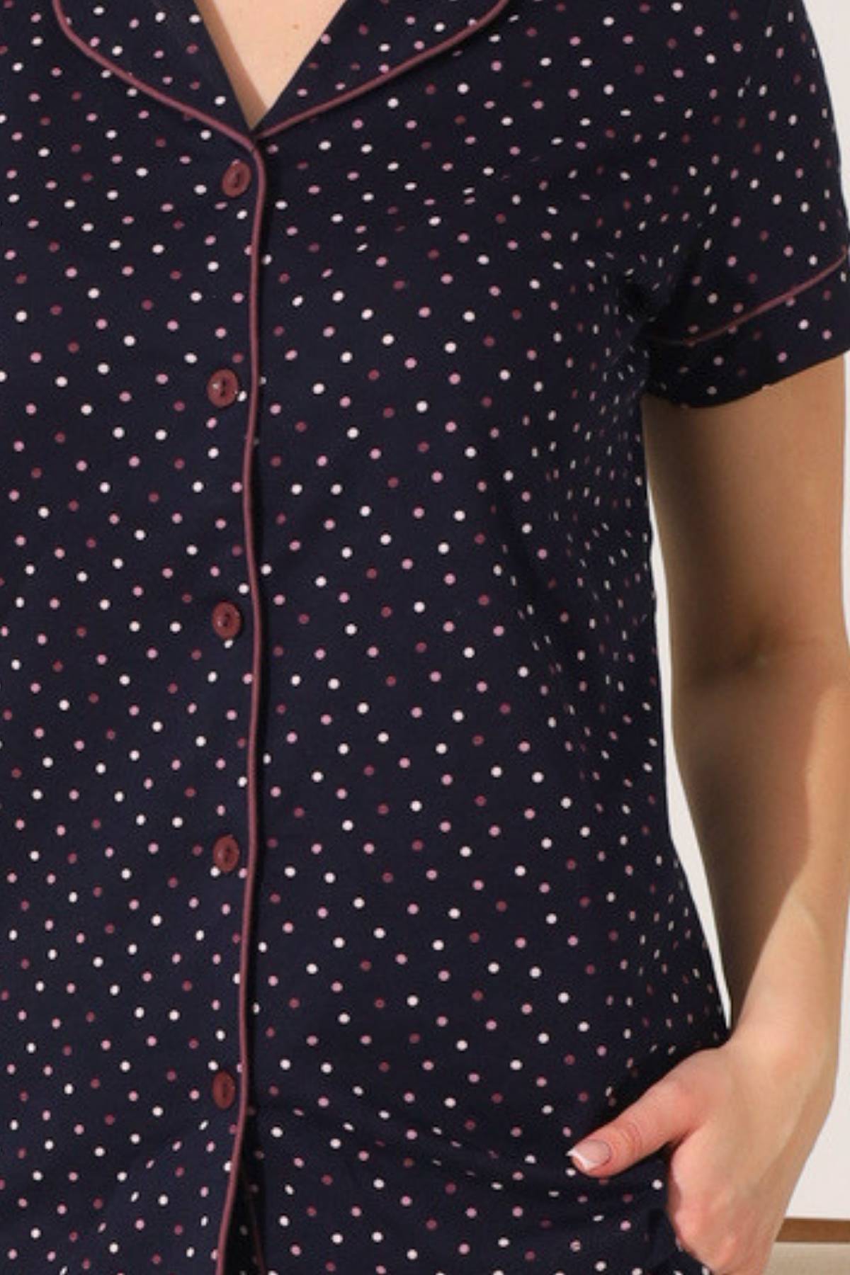 Kadın Pijama Takımı - Siyah Puantiyeli Önden Düğmeli Kısa Kollu Penye 2903KY