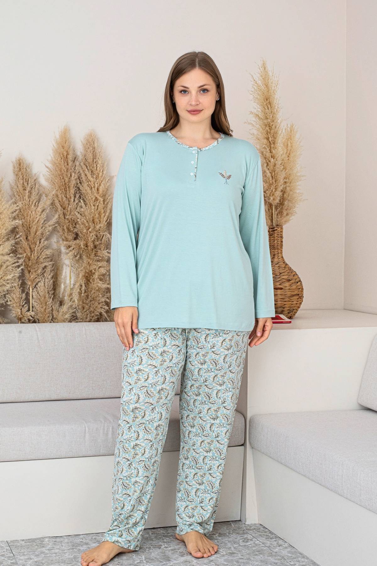 Büyük Beden Kadın Pijama Takımı - Yeşil Uzun Kollu Likralı 2874UYB