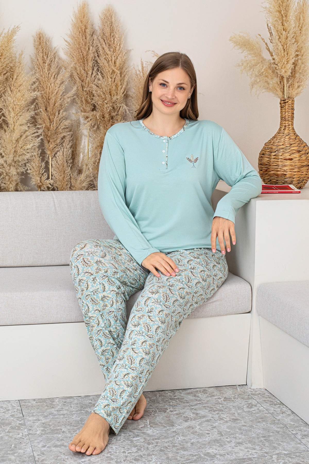 Büyük Beden Kadın Pijama Takımı - Yeşil Uzun Kollu Likralı 2874UYB