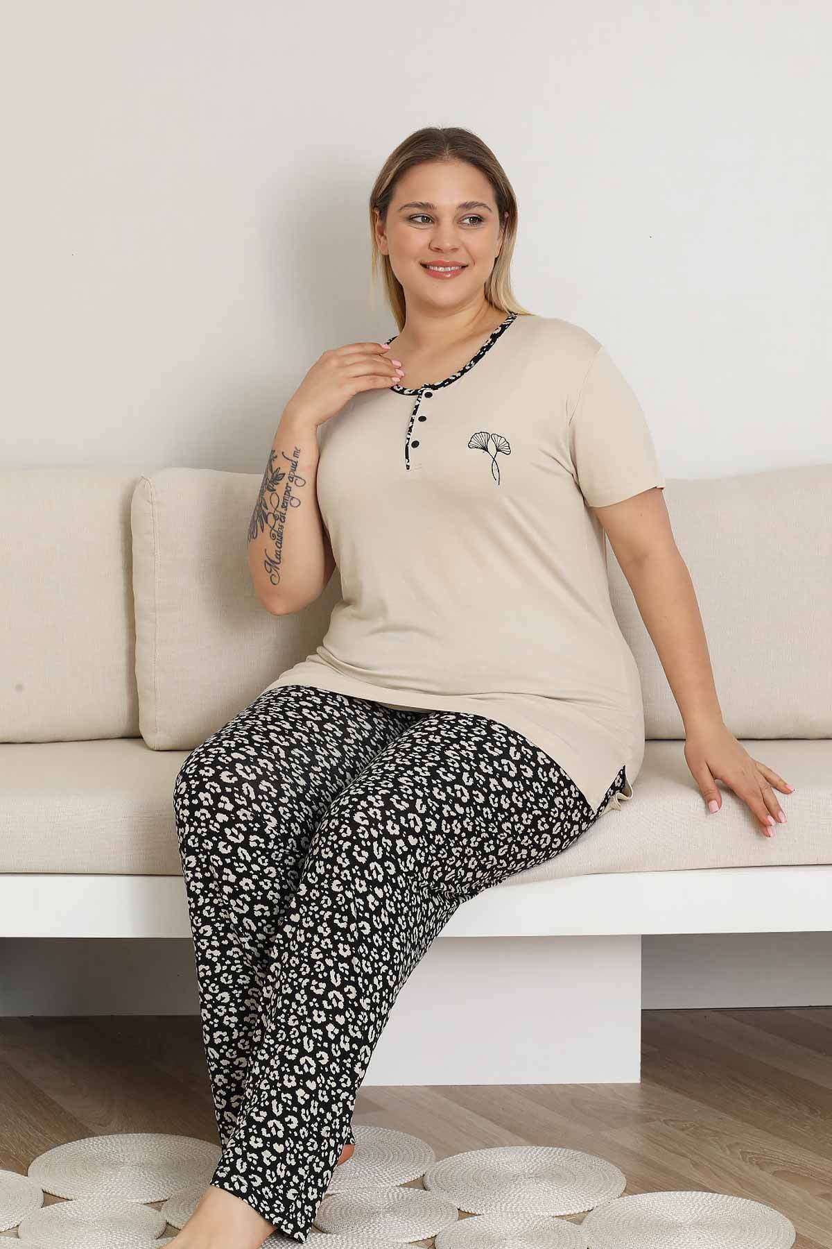 Büyük Beden Kadın Pijama Takımı - Bej Kısa Kol Likralı 2857KYB