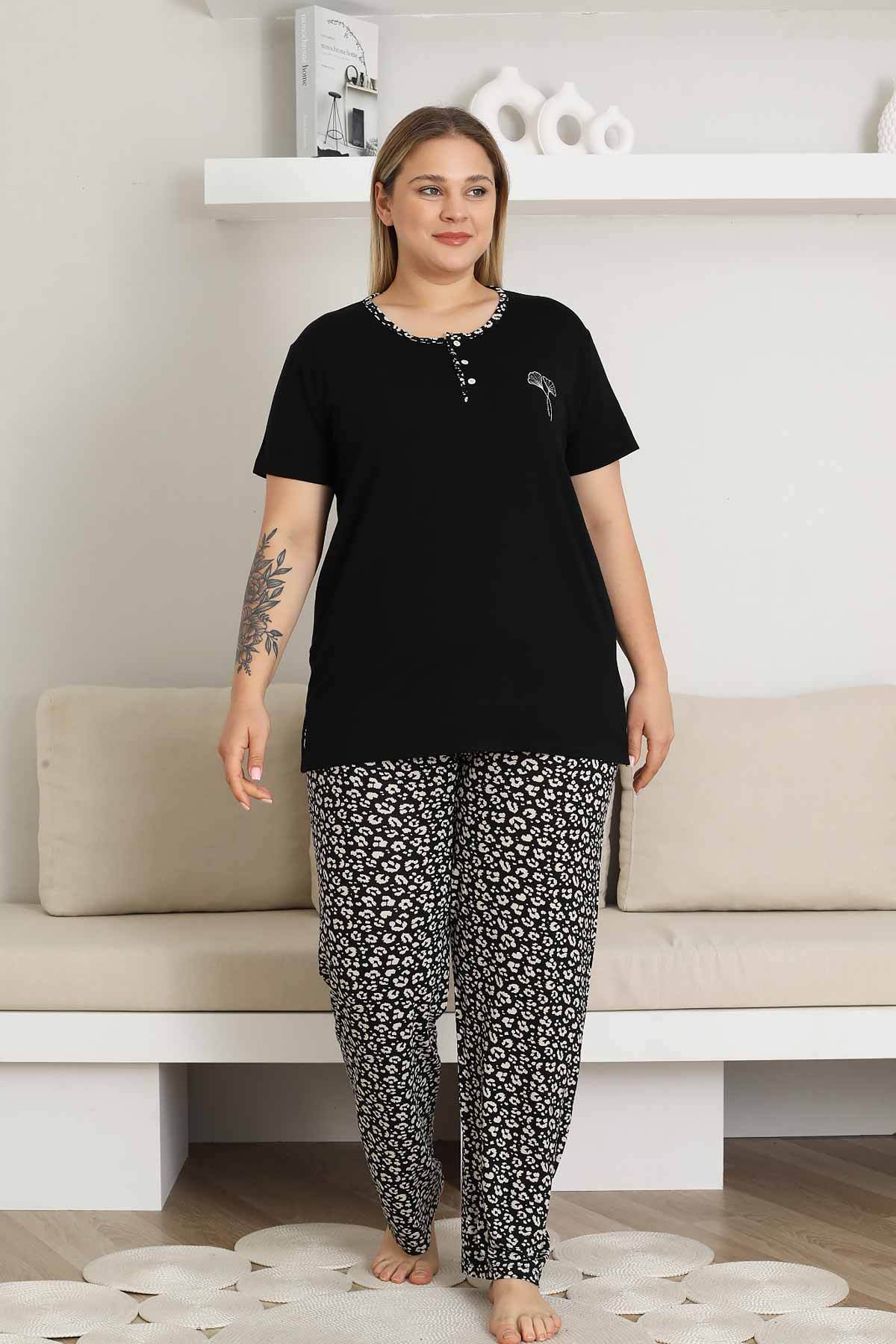 Büyük Beden Kadın Pijama Takımı - Siyah Kısa Kol Likralı 2857KYB