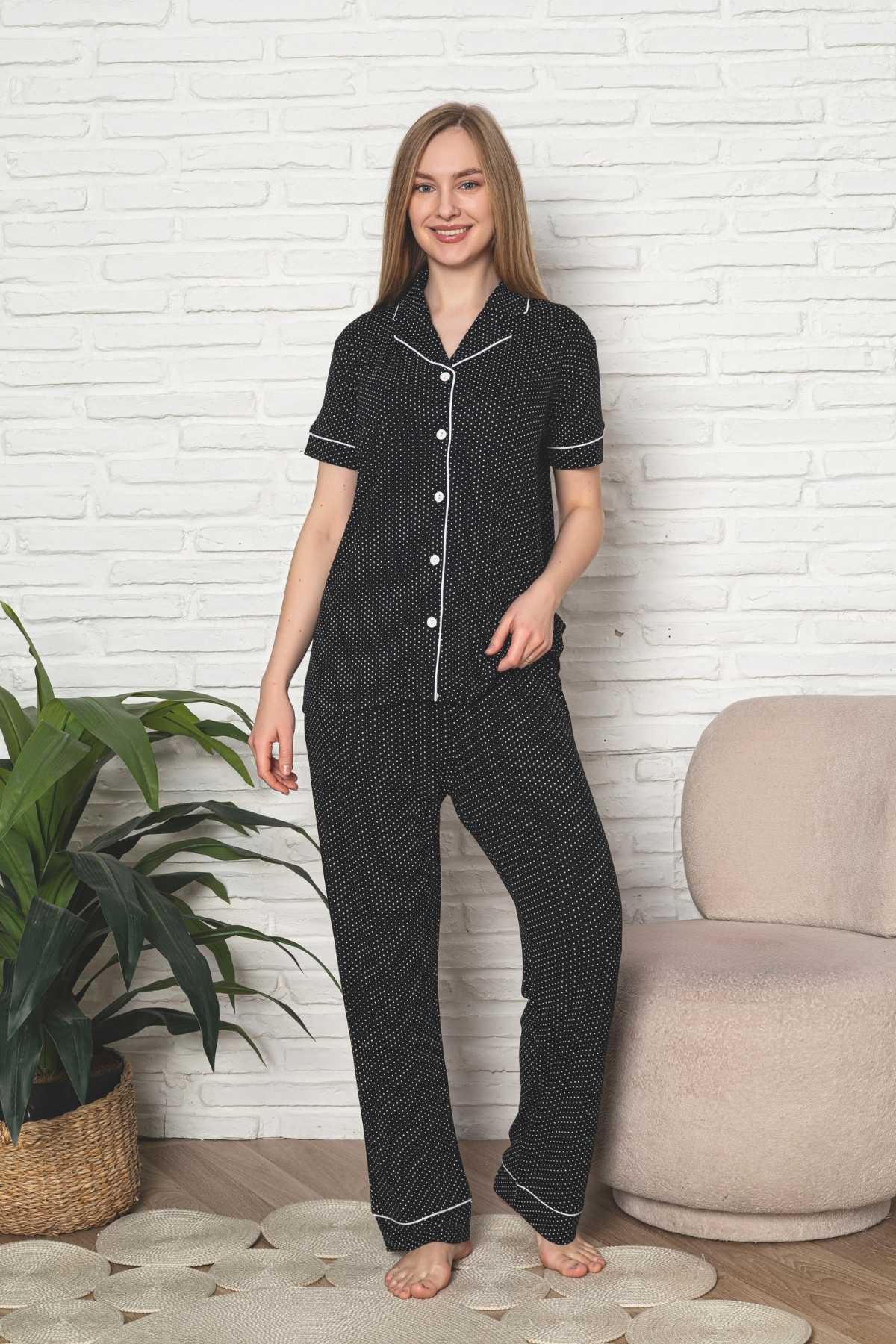 Kadın Pijama Takımı - Siyah Puantiyeli Önden Düğmeli Kısa Kollu Likralı Viskon 2888KY