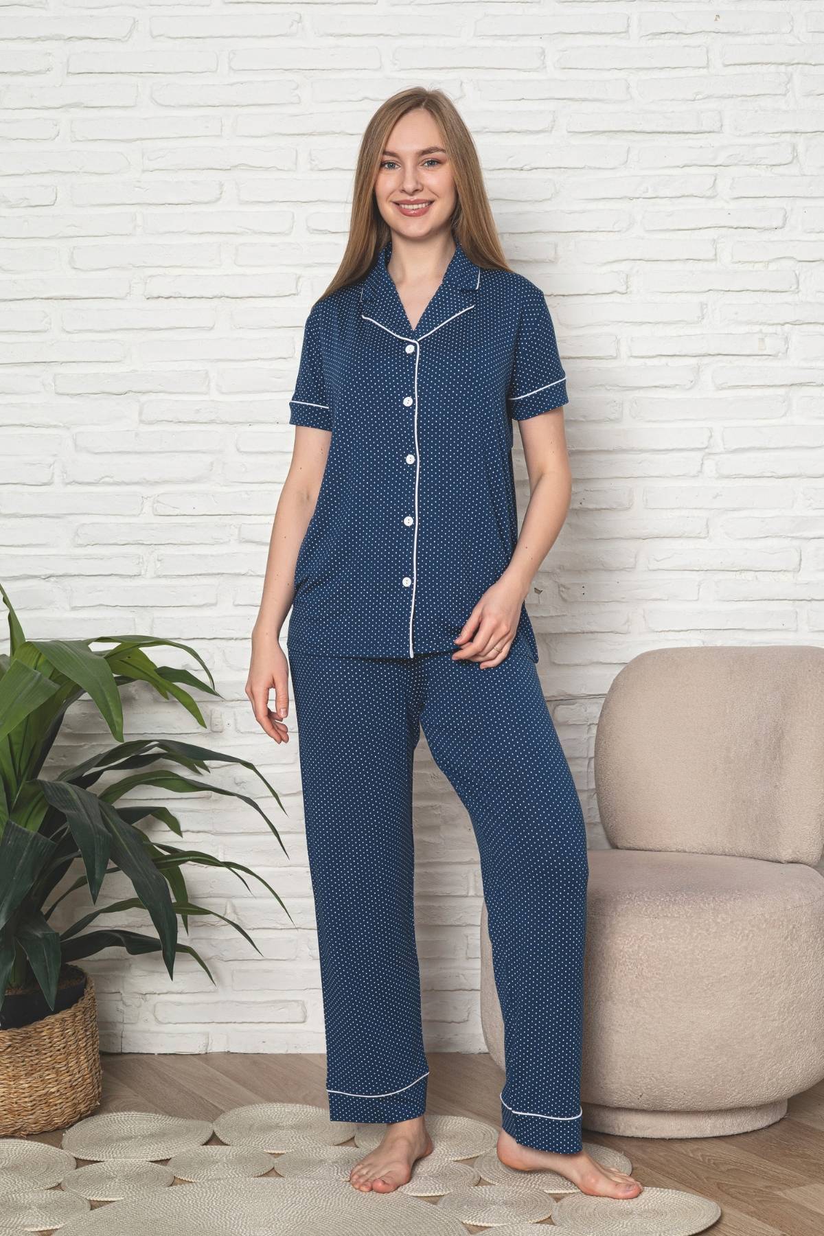 Kadın Pijama Takımı - İndigo Puantiyeli Önden Düğmeli Kısa Kollu Likralı Viskon 2888KY