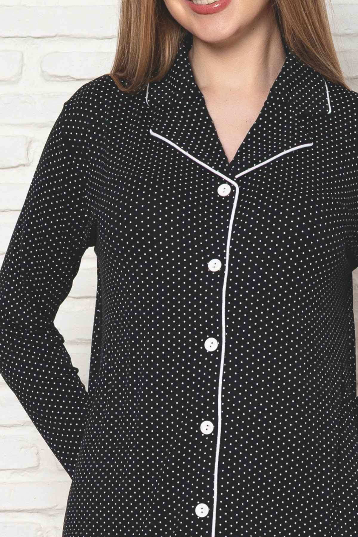 Kadın Pijama Takımı - Siyah Puantiyeli Önden Düğmeli Uzun Kollu Likralı Viskon 2888UY