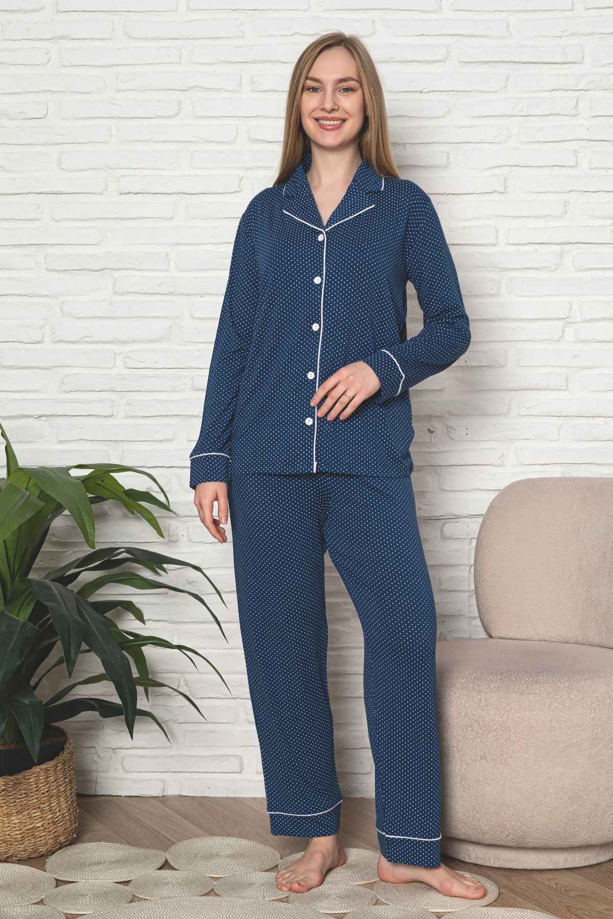 Kadın Pijama Takımı - İndigo Puantiyeli Önden Düğmeli Uzun Kollu Likralı Viskon 2888UY