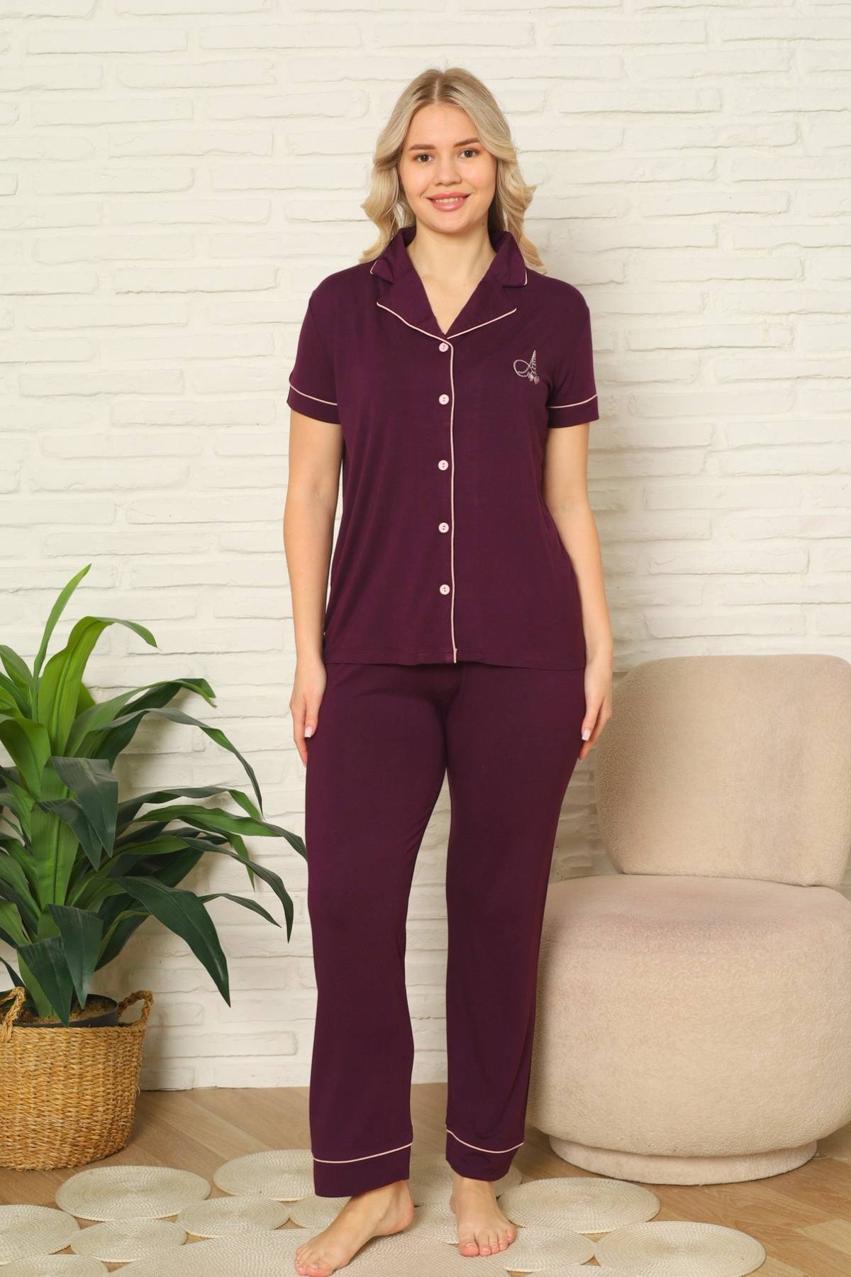 Kadın Pijama Takımı - Mor Önden Düğmeli Kısa Kollu Likralı Viskon 2782KY