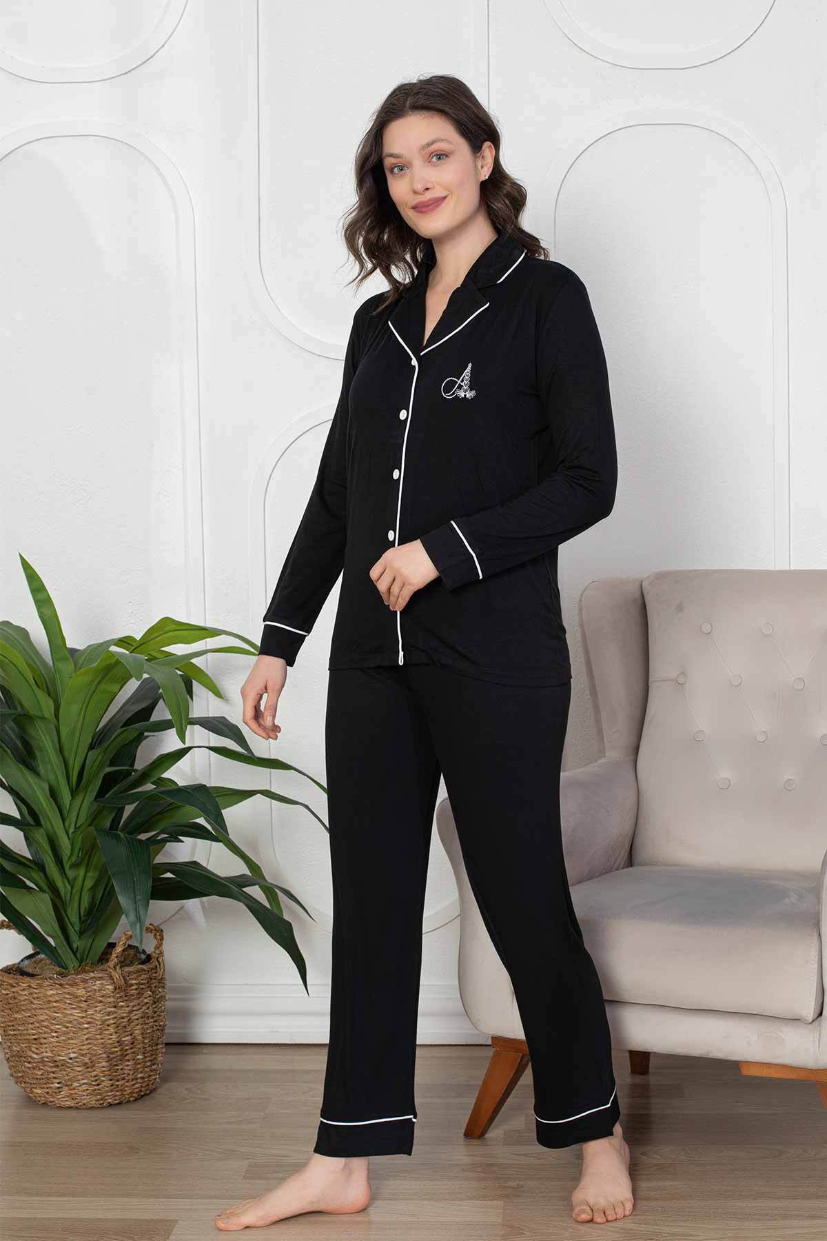 Kadın Pijama Takımı - Siyah Önden Düğmeli Uzun Kollu Likralı Viskon 2782UY