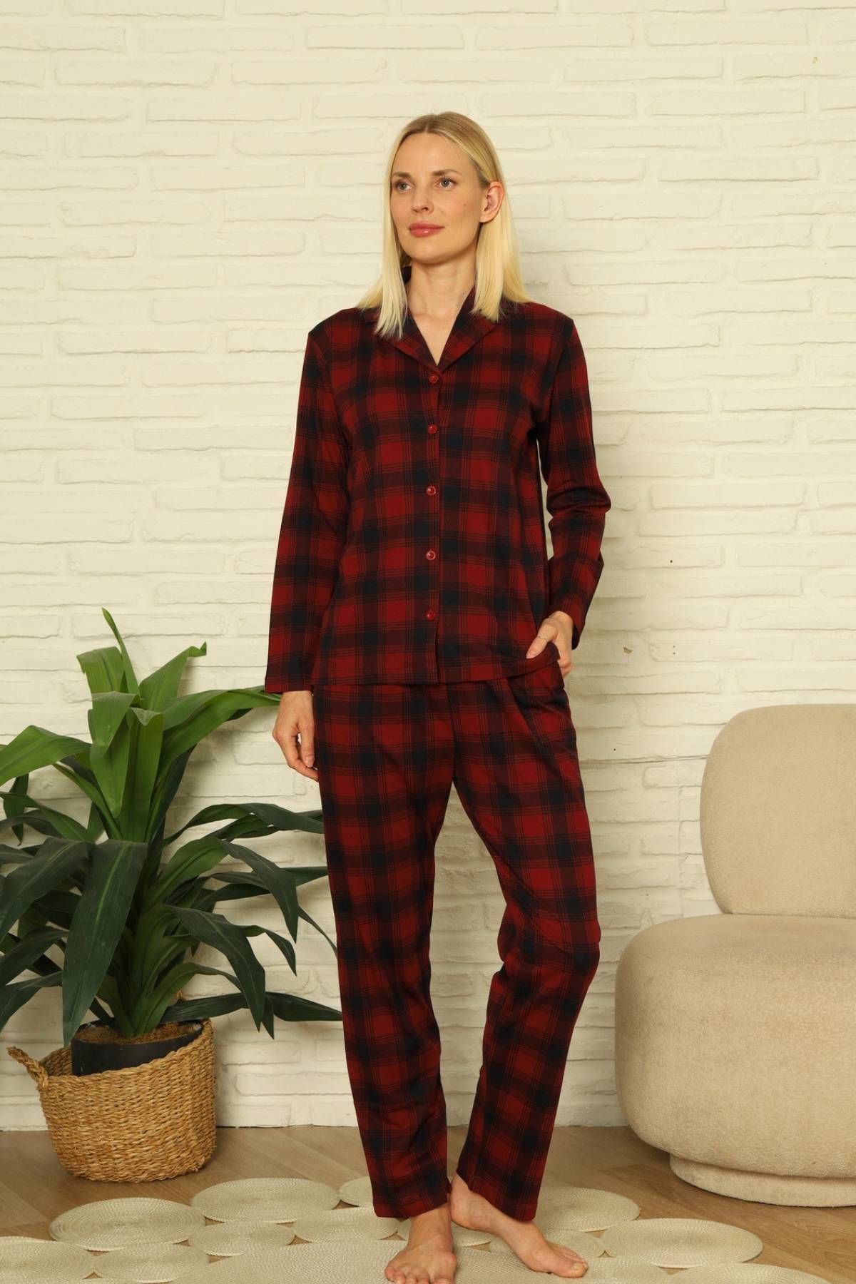 Bayan Pijama Takım - Ekoseli Önden Düğmeli  Penye Uzun Kollu 2916UY