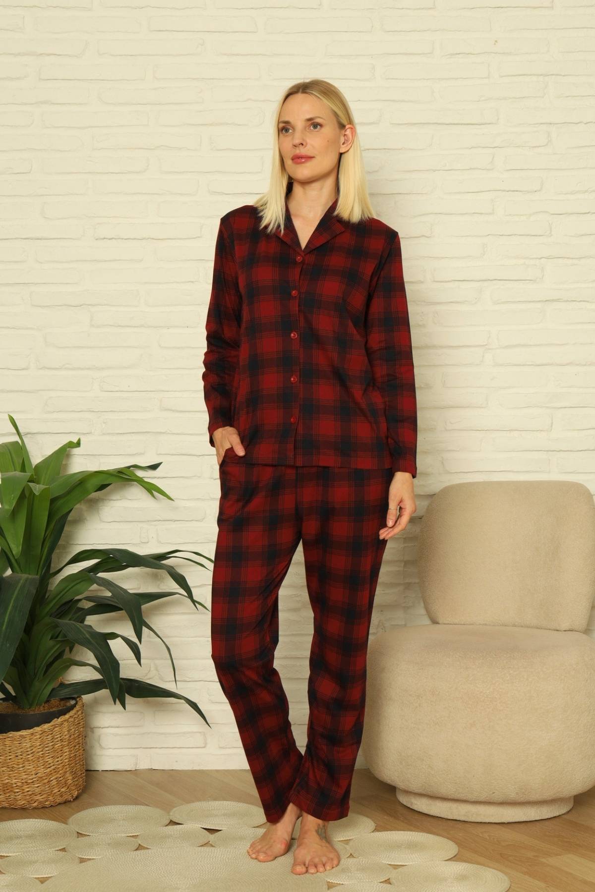Bayan Pijama Takım - Ekoseli Önden Düğmeli  Penye Uzun Kollu 2916UY