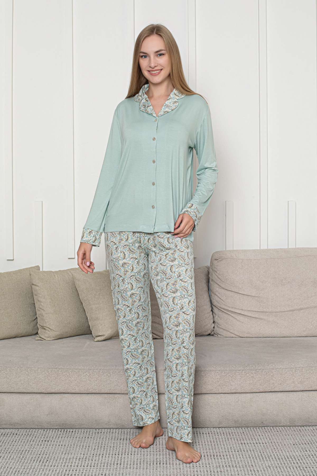 Önden Düğmeli Kadın Pijama Takımı - Su Yeşili Uzun Kol Likralı Rink Viskon 2872UY