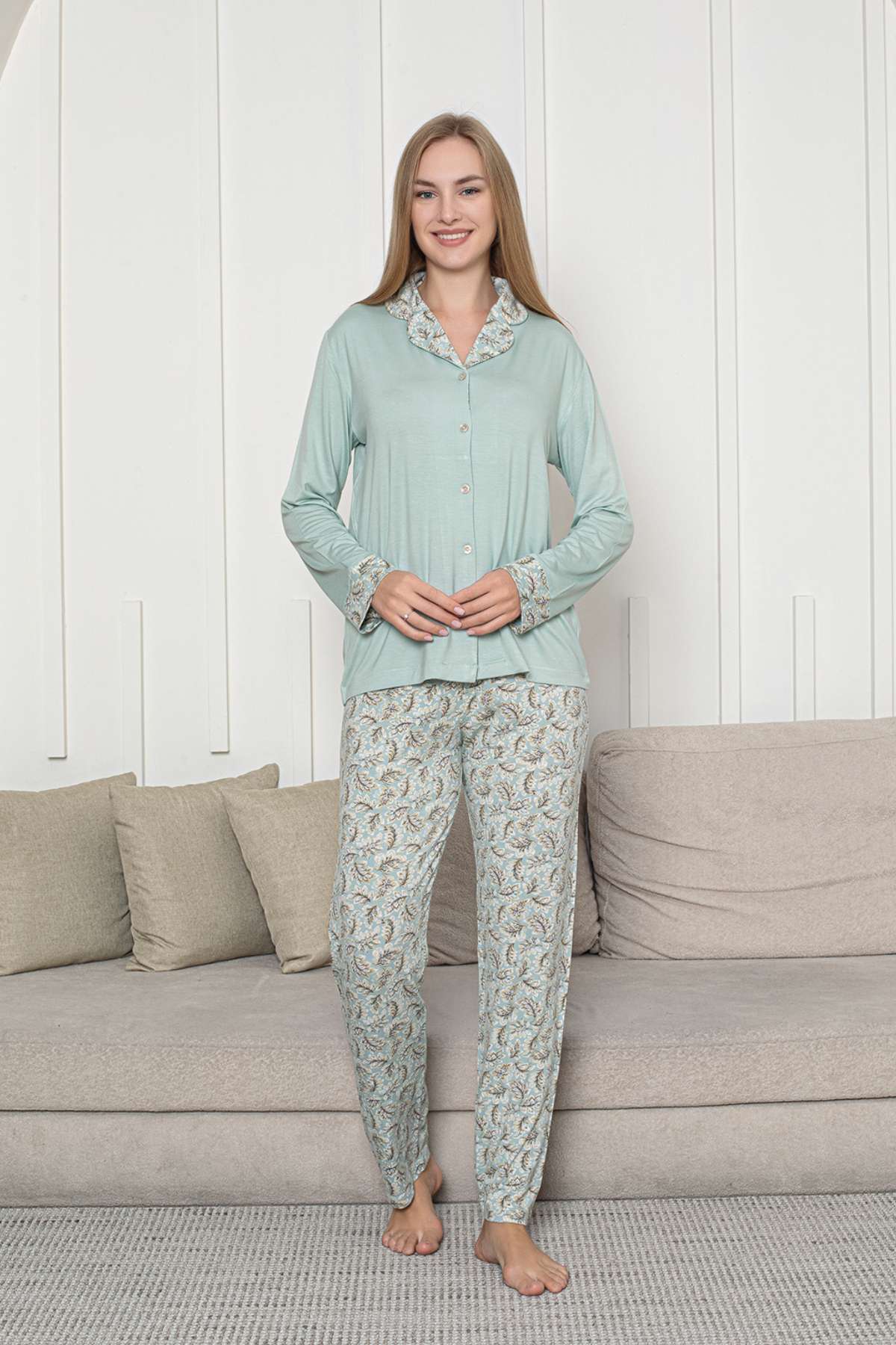 Önden Düğmeli Kadın Pijama Takımı - Su Yeşili Uzun Kol Likralı Rink Viskon 2872UY