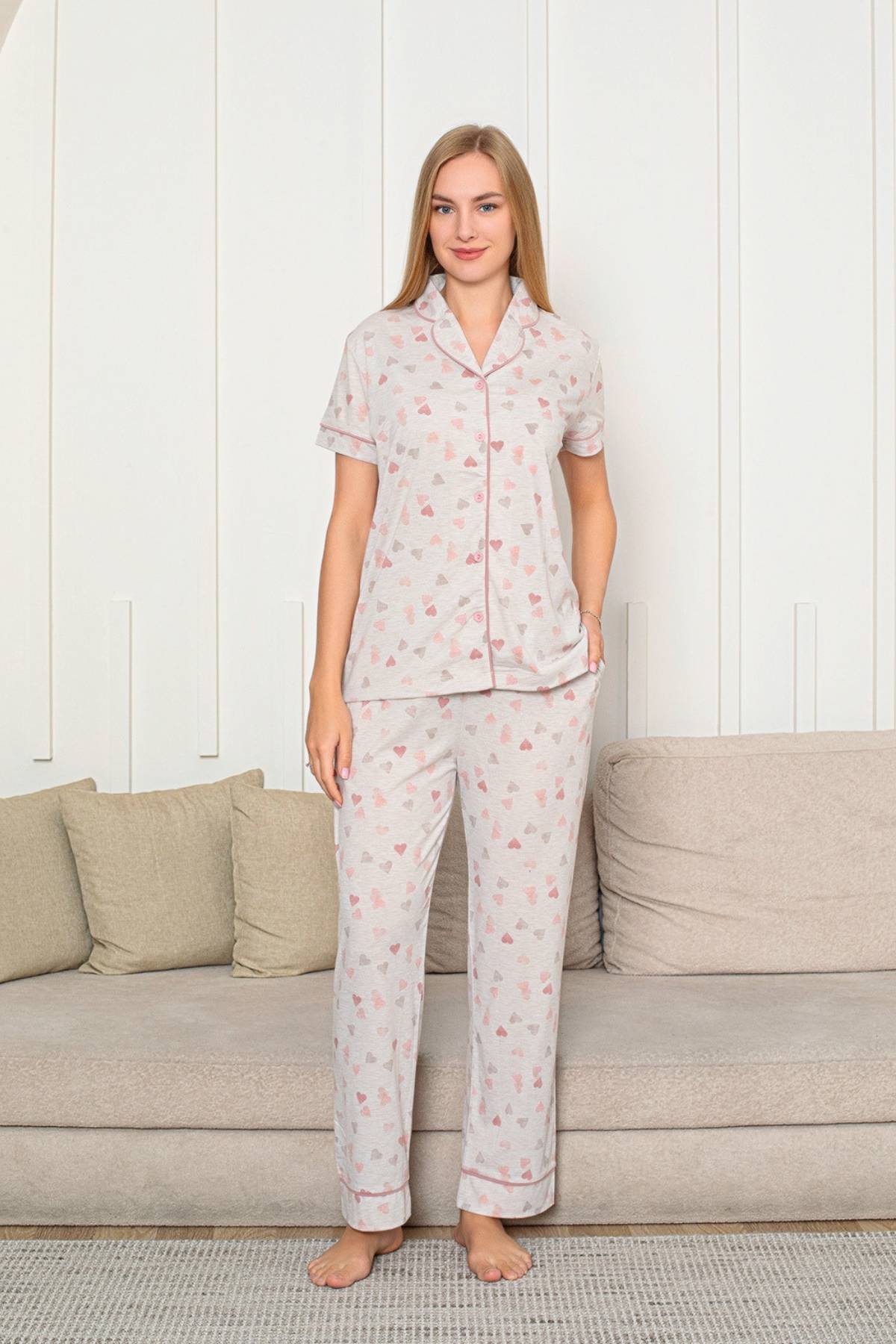 Kalp Desenli Kadın Pijama Takımı - Önden Düğmeli Likralı Kısa Kollu 2868KY
