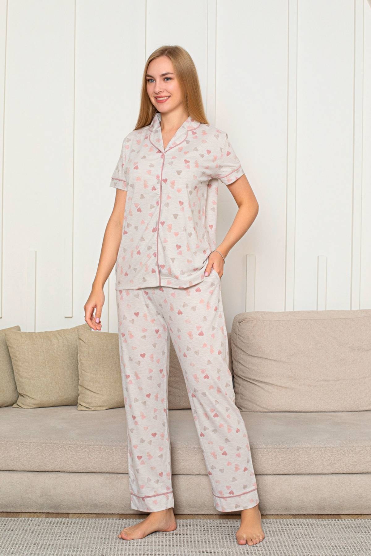 Kalp Desenli Kadın Pijama Takımı - Önden Düğmeli Likralı Kısa Kollu 2868KY
