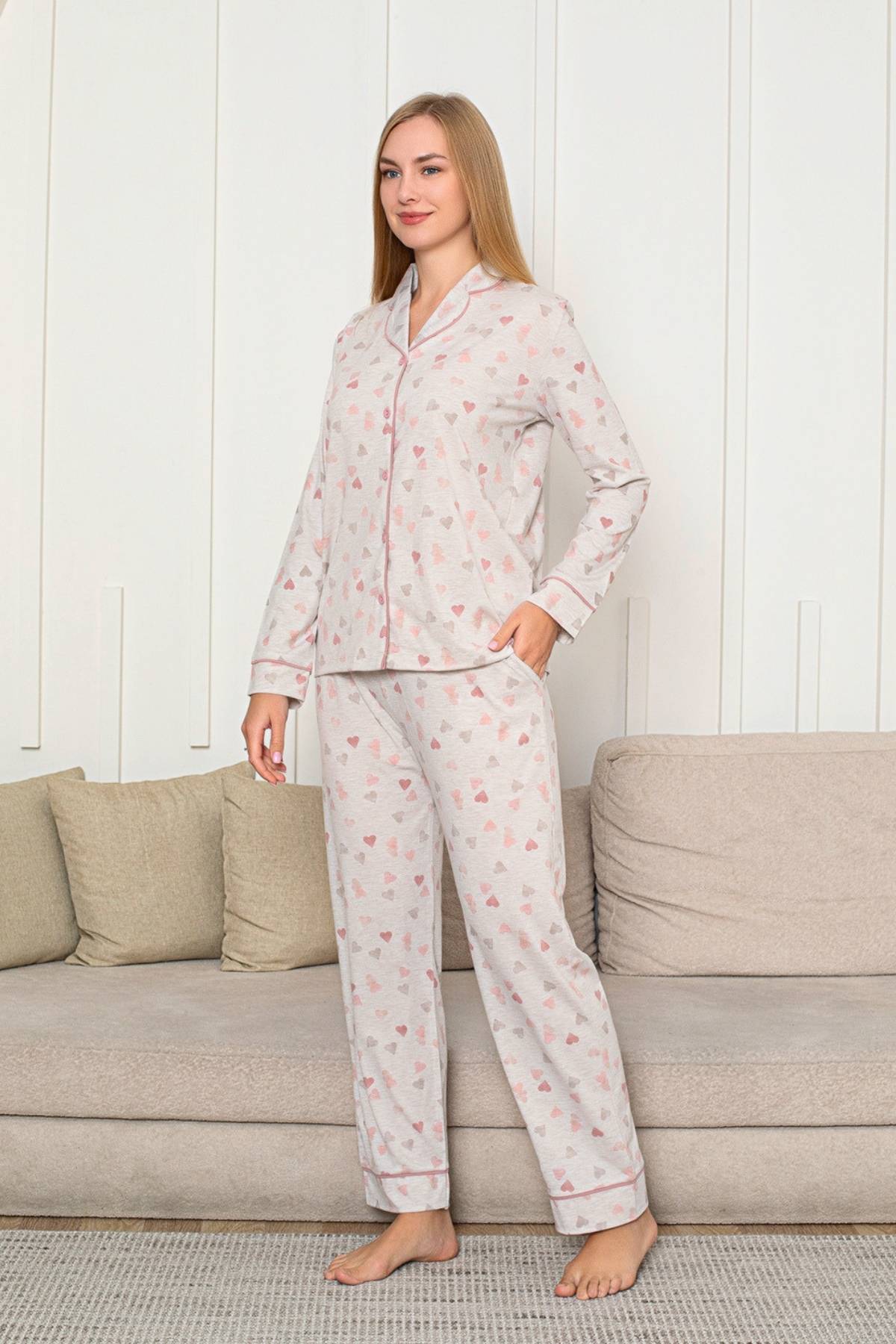 Kalp Desenli Kadın Pijama Takımı - Önden Düğmeli Likralı Uzun Kollu 2868UY