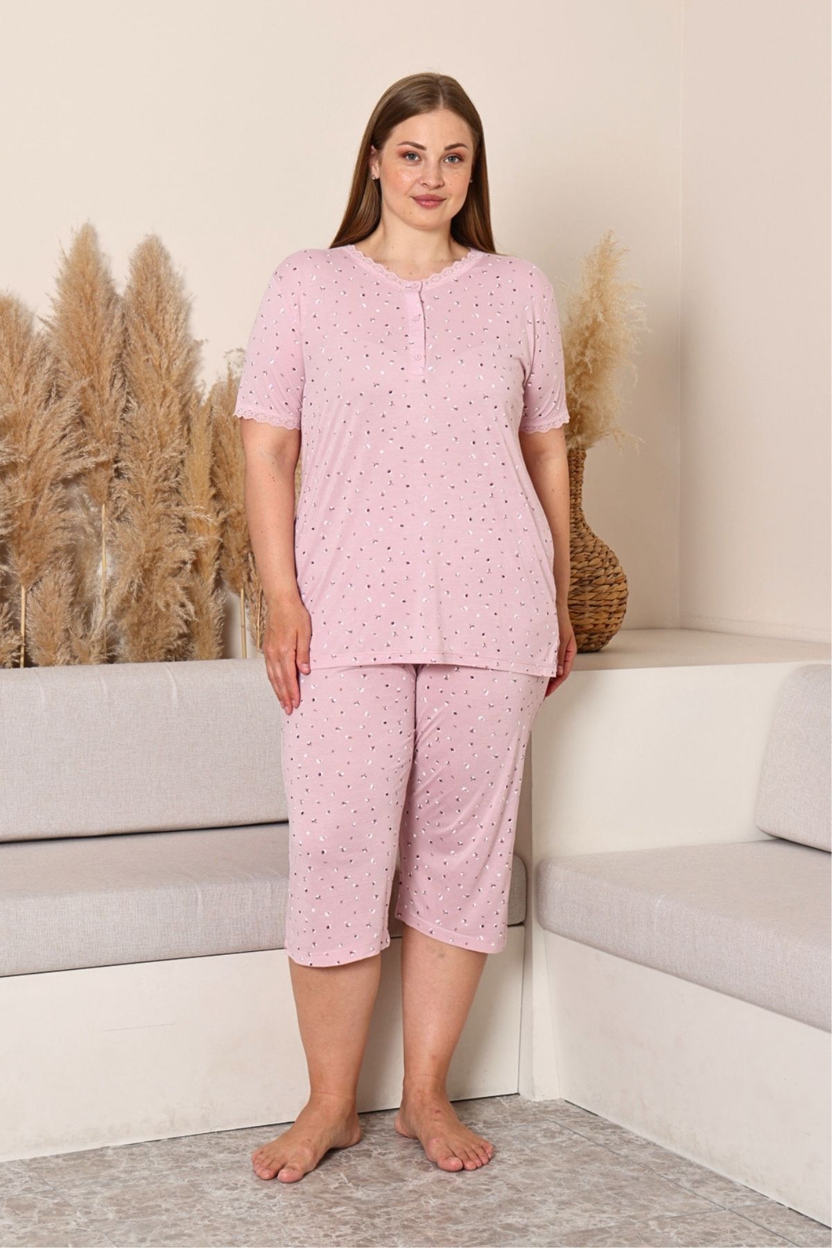 Büyük Beden Kadın Pijama Takımı - Pudra Çiçek Desenli Likralı Viskon 2915BB