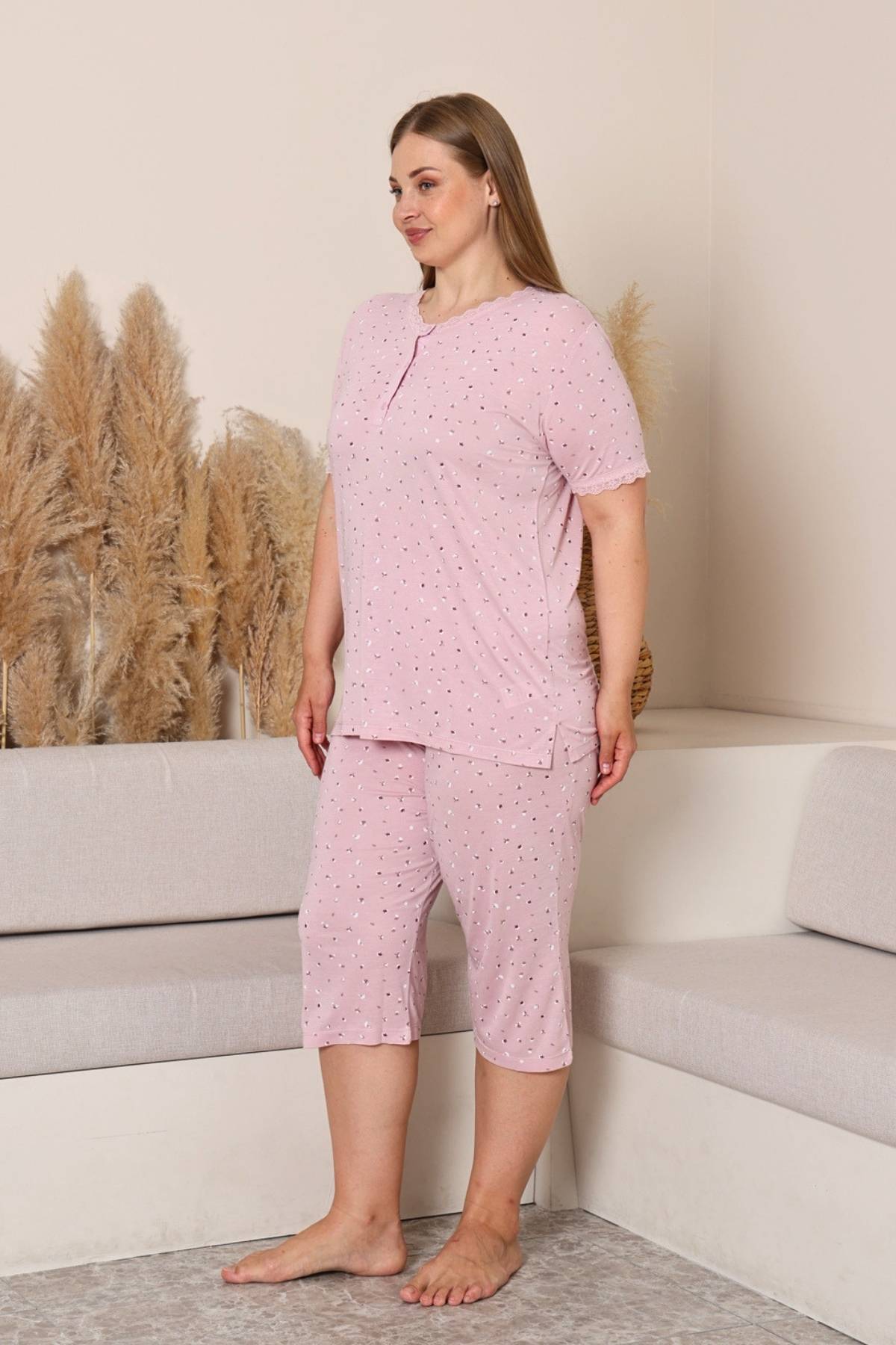 Büyük Beden Kadın Pijama Takımı - Pudra Çiçek Desenli Likralı Viskon 2915BB