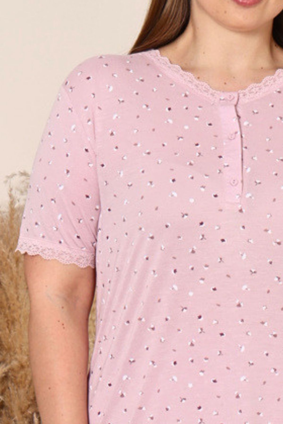 Büyük Beden Kadın Pijama Takımı - Pudra Çiçek Desenli Likralı Viskon 2915BB