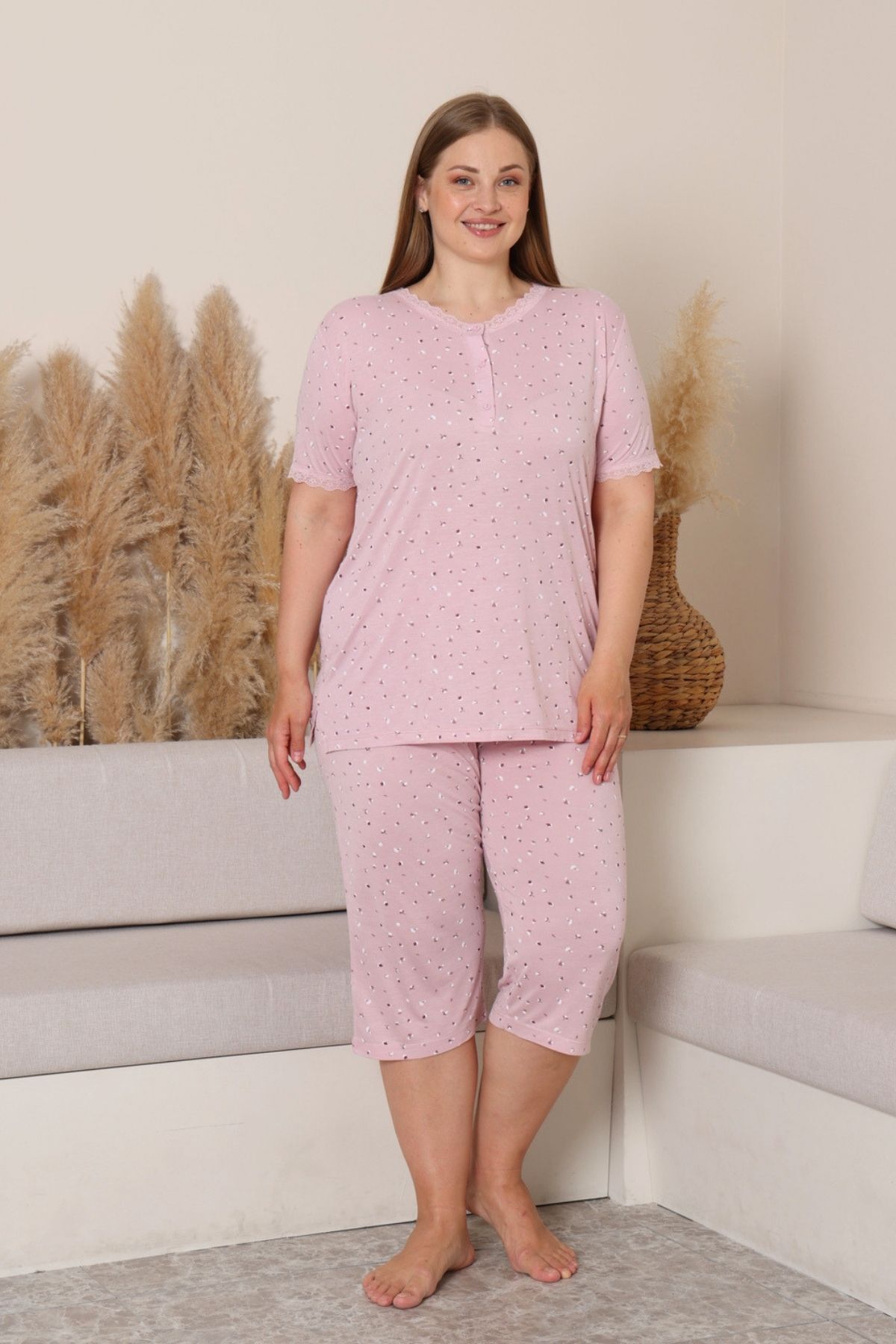 Büyük Beden Kadın Pijama Takımı - Pudra Çiçek Desenli Likralı Viskon 2915BB