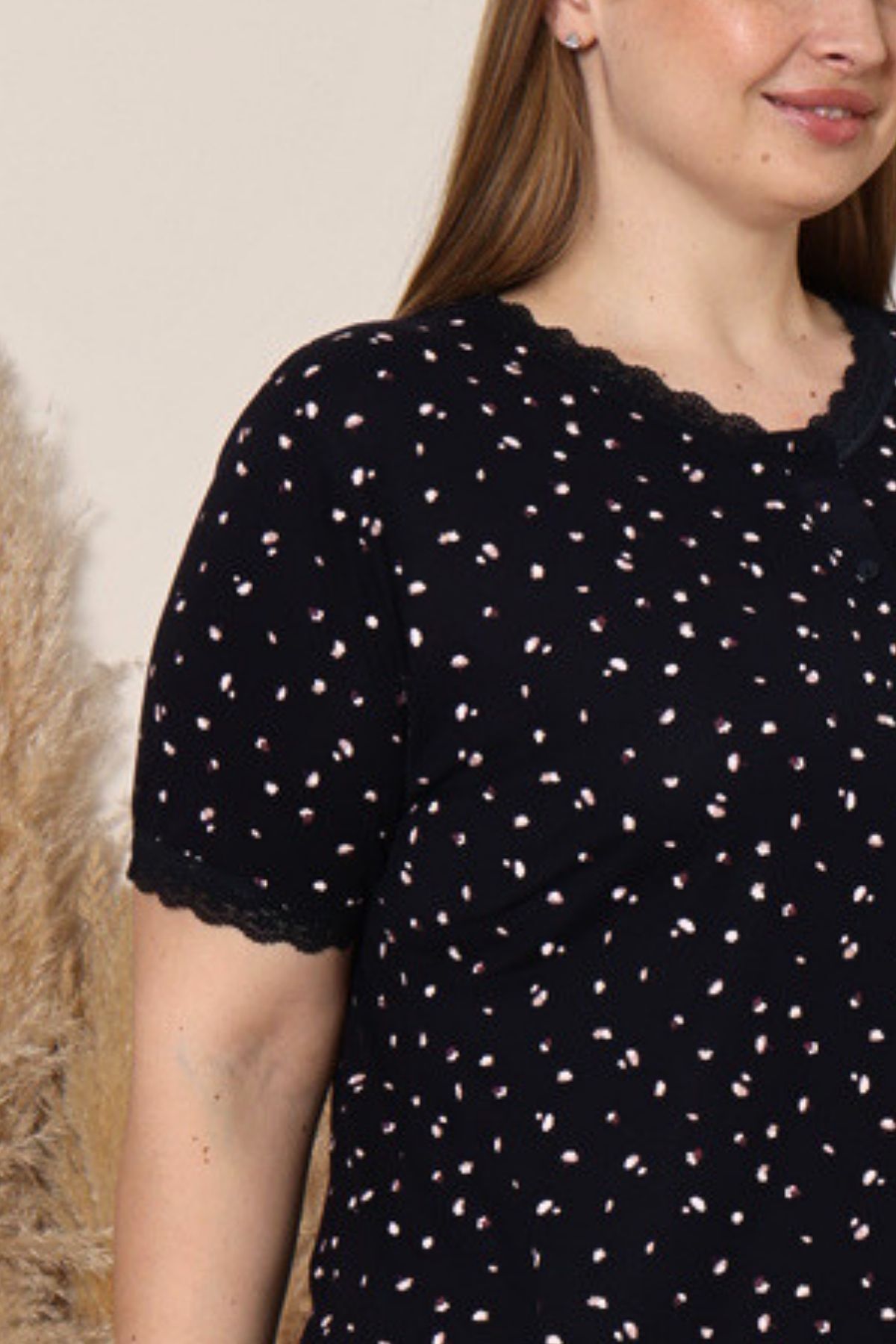 Büyük Beden Kadın Pijama Takımı - Lacivert Çiçek Desenli Likralı Viskon 2915BB