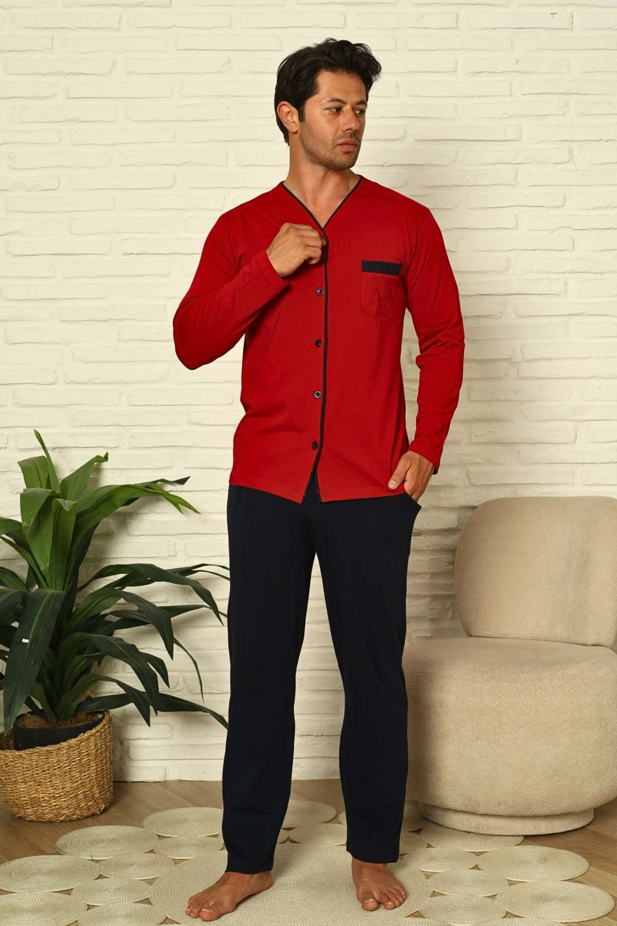 Önden Düğmeli Erkek Pijama Takımı - Bordo Uzun Kol Likralı Pamuk 1230UY