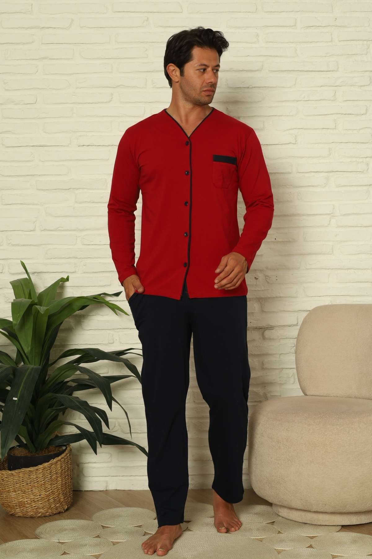 Önden Düğmeli Erkek Pijama Takımı - Bordo Uzun Kol Likralı Pamuk 1230UY