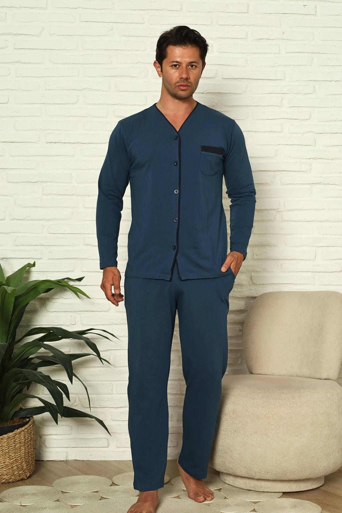 Önden Düğmeli Erkek Pijama Takımı - İndigo Uzun Kol Likralı Pamuk 1230UY