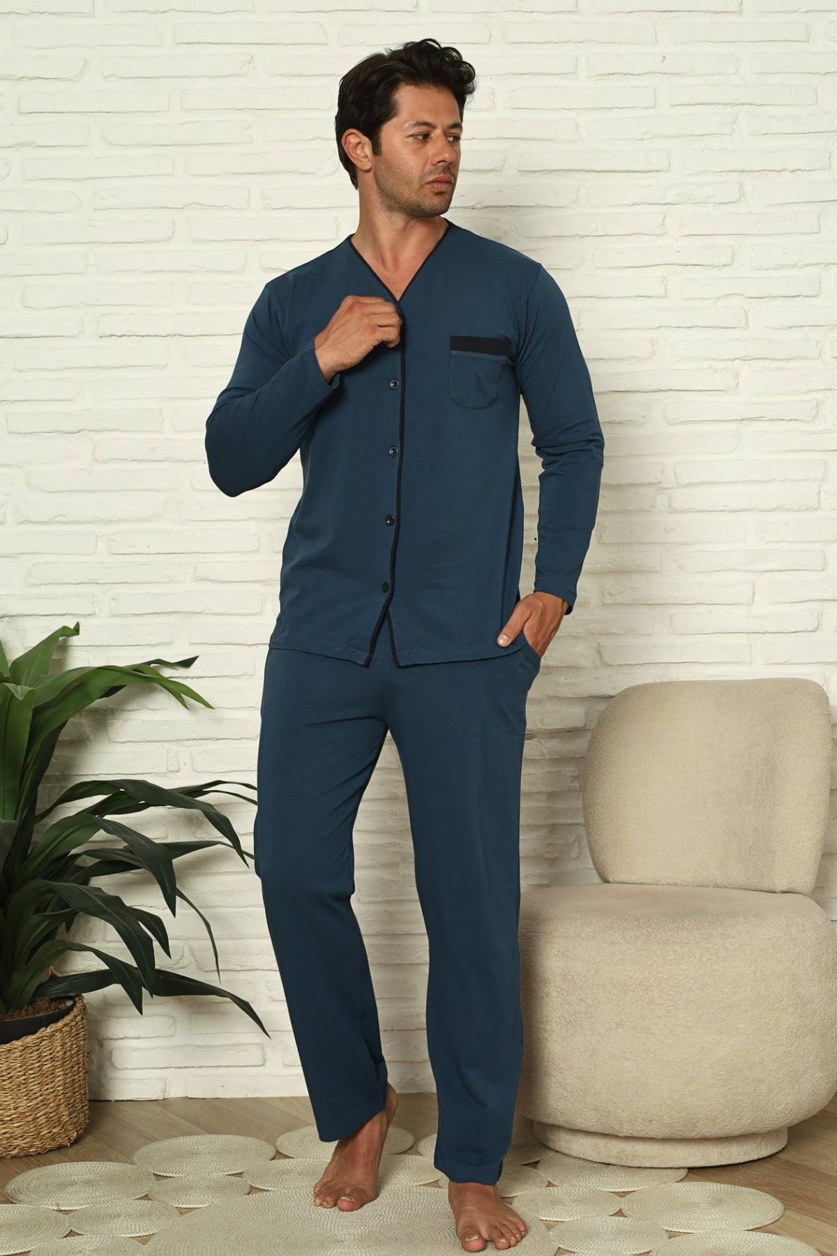 Önden Düğmeli Erkek Pijama Takımı - İndigo Uzun Kol Likralı Pamuk 1230UY