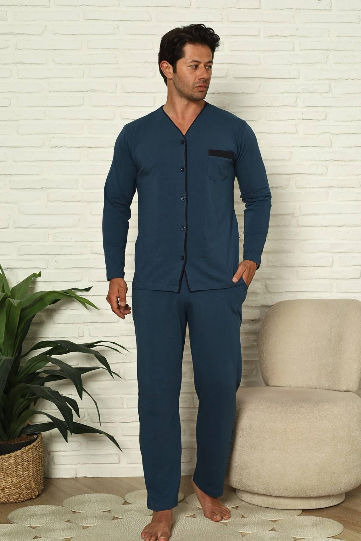 Önden Düğmeli Erkek Pijama Takımı - İndigo Uzun Kol Likralı Pamuk 1230UY