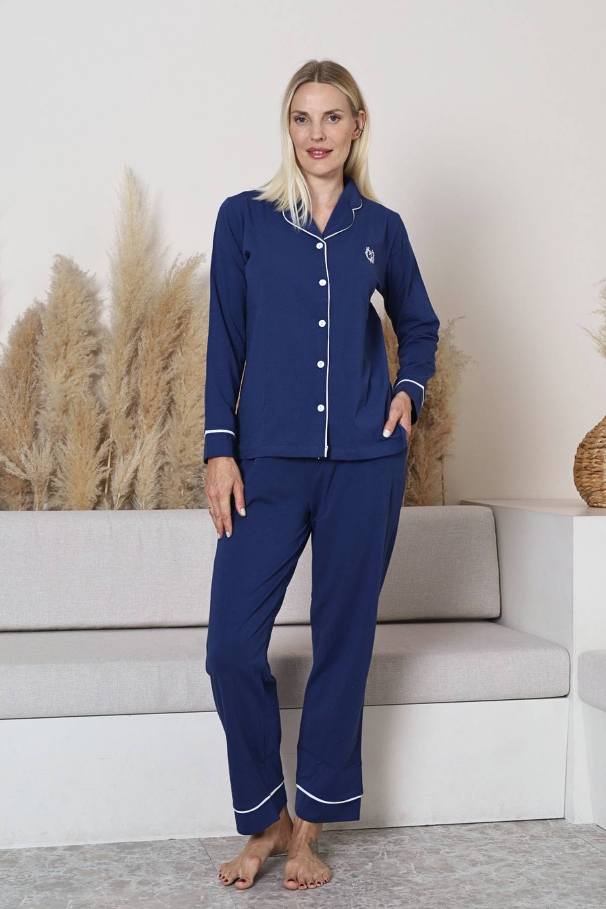 Bayan Pijama Takımı - Mavi Önden Düğmeli Uzun Kollu Likralı Penye 2577UY