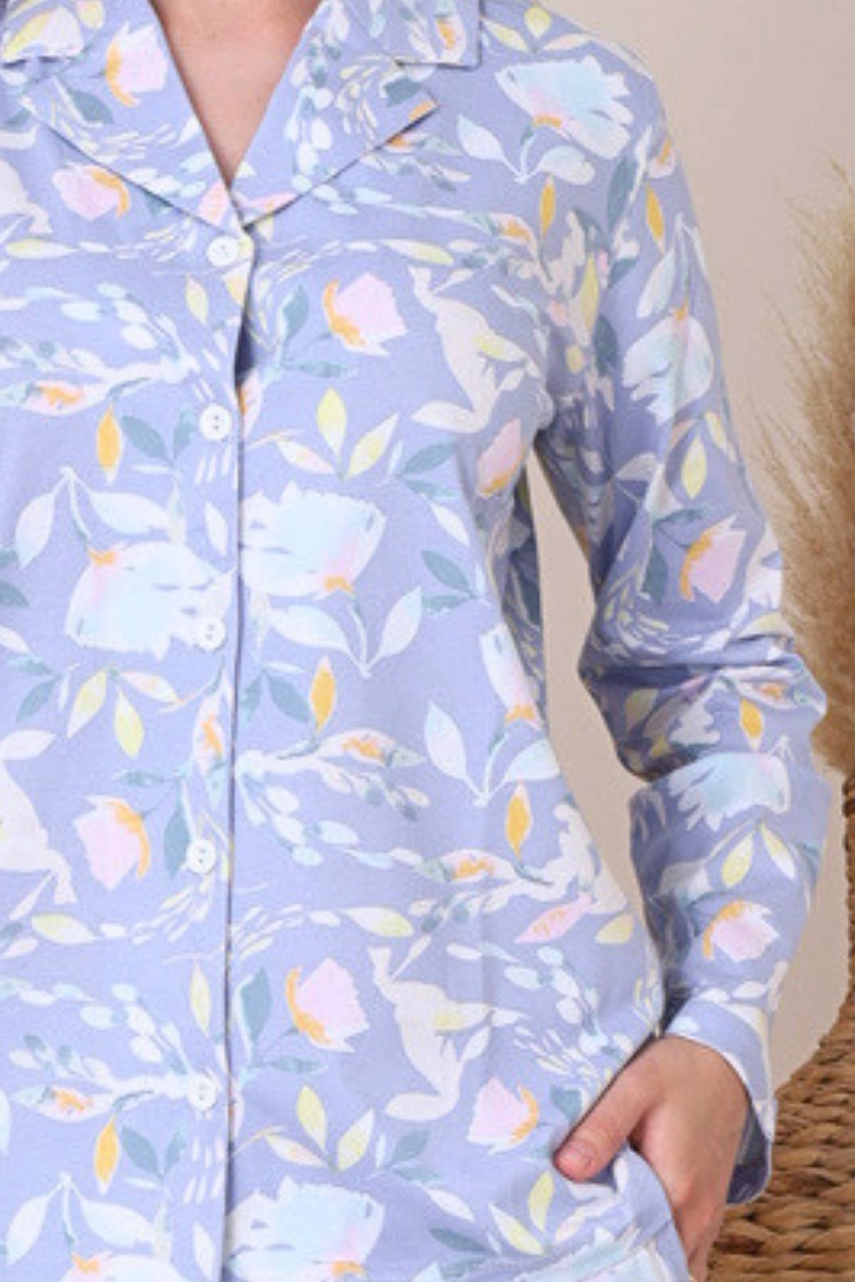 Bayan Pijama Takım - Çiçek Desenli Önden Düğmeli  Penye 2917UY