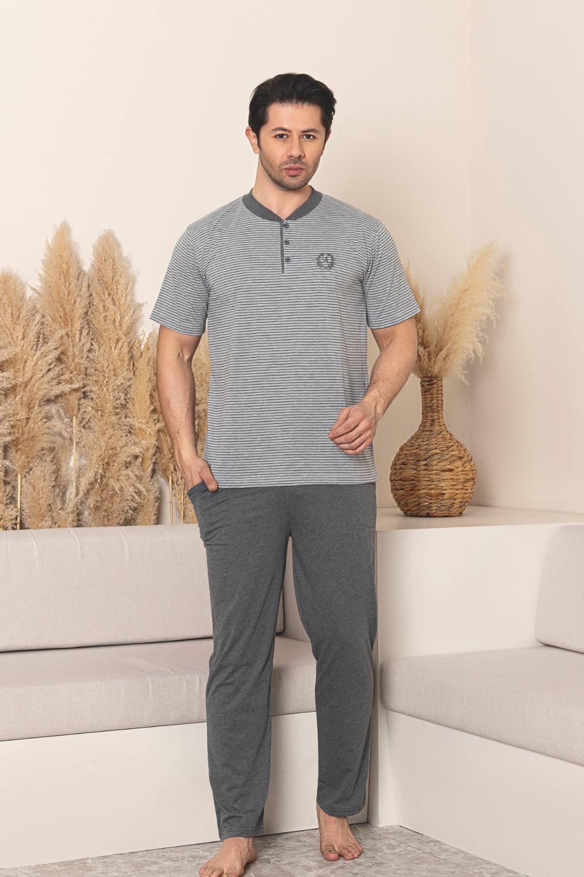 Erkek Pijama Takımı - Gri Çizgili Kısa Kollu Penye 1219KY