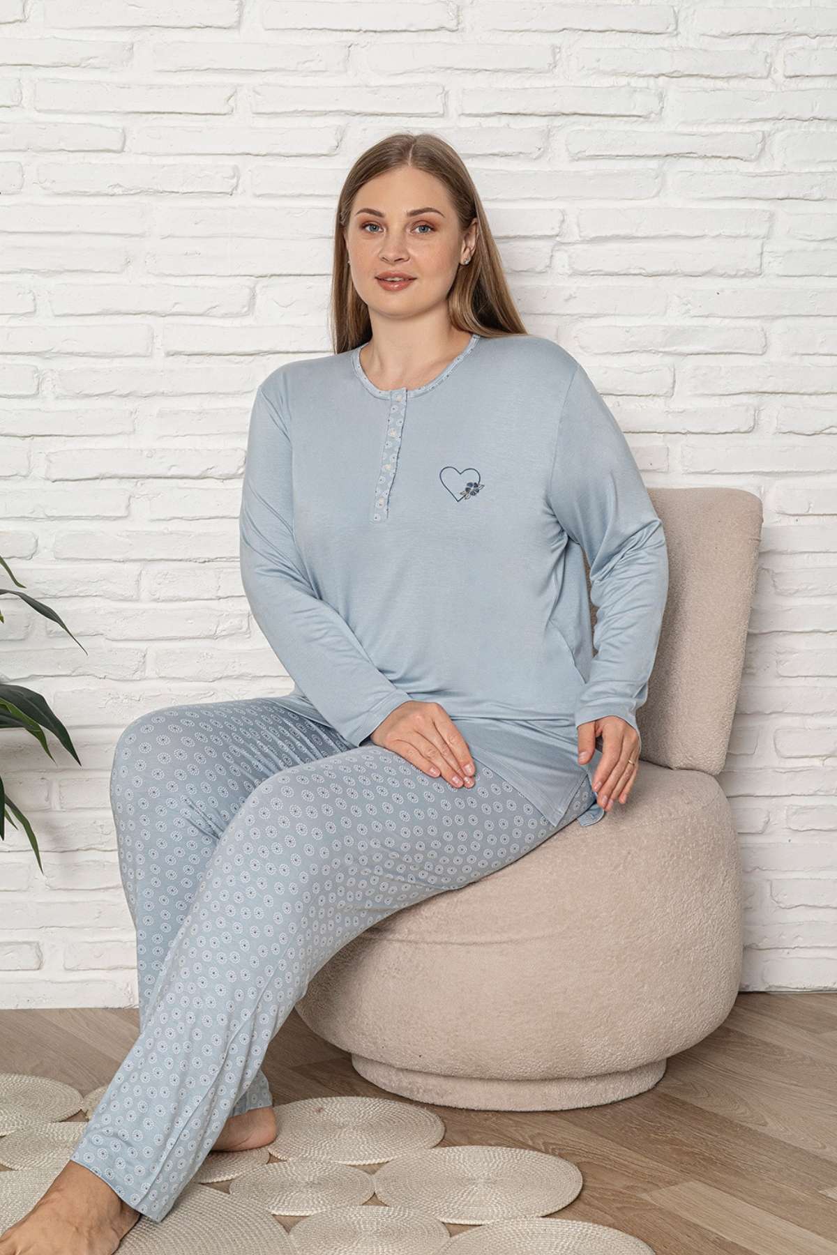 Büyük Beden Kadın Pijama Takımı - Mavi Uzun Kol Likralı Viskon 2924UYB