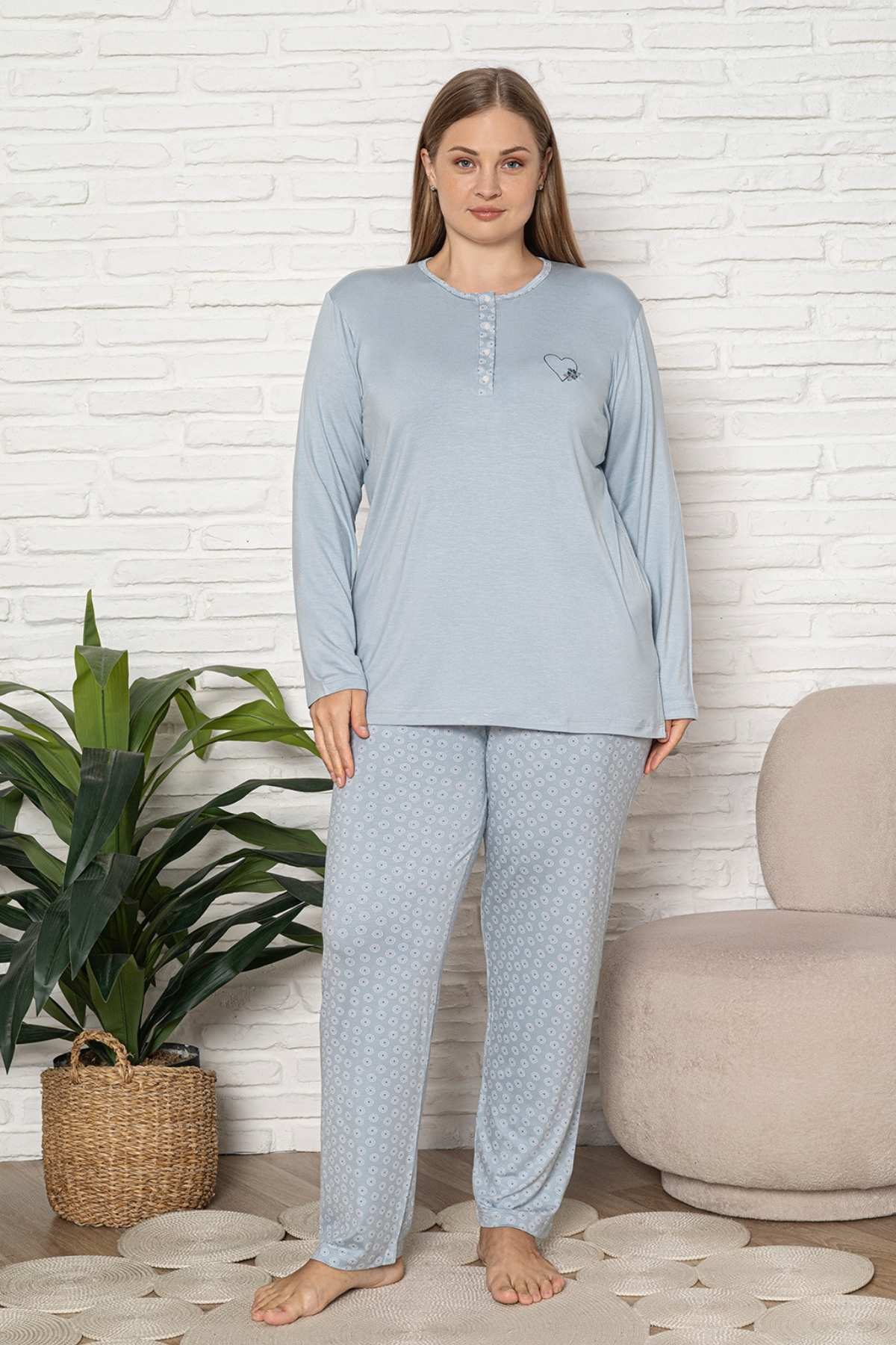 Büyük Beden Kadın Pijama Takımı - Mavi Uzun Kol Likralı Viskon 2924UYB