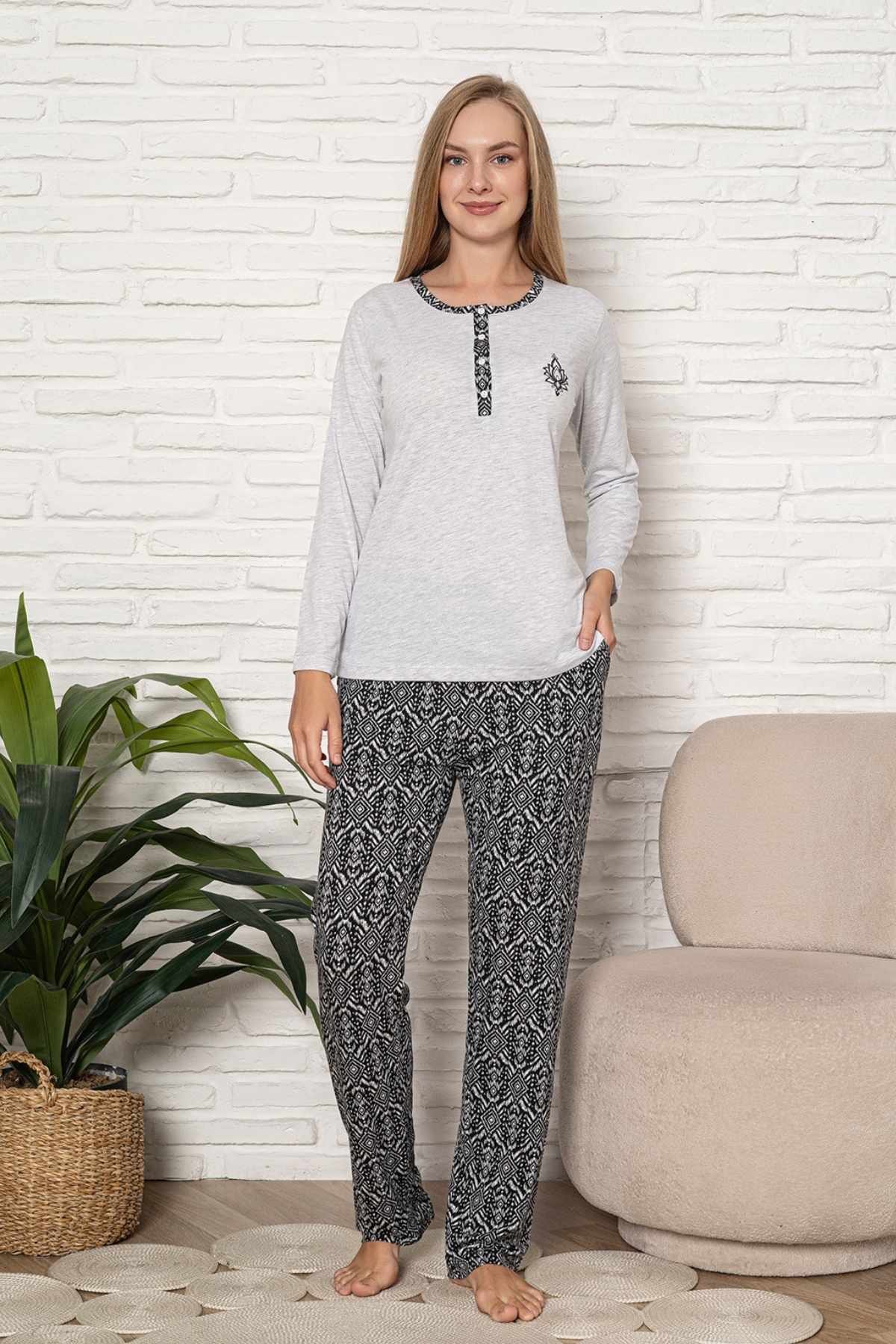 Kadın Pijama Takımı - Gri Etnik Desen Uzun Kol Likralı Kumaş 2923UY