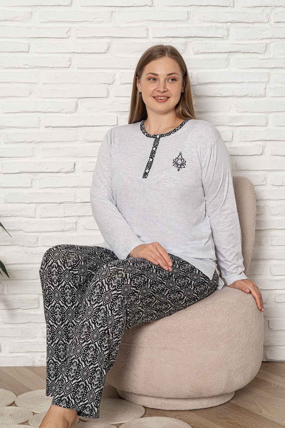 Büyük Beden Kadın Pijama Takımı - Gri Etnik Desen Uzun Kol Likralı Kumaş 2923UYB