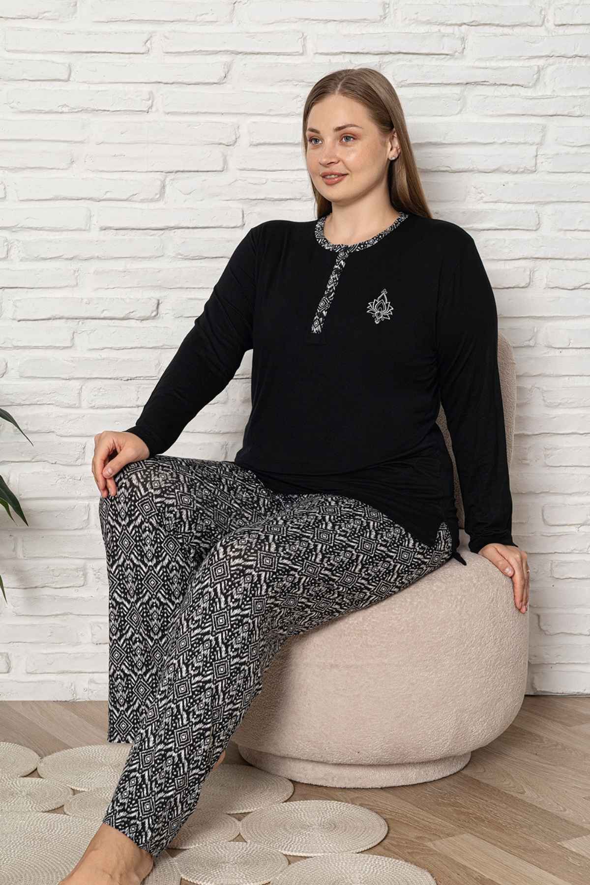 Büyük Beden Kadın Pijama Takımı - Siyah Etnik Desen Uzun Kol Likralı Kumaş 2923UYB