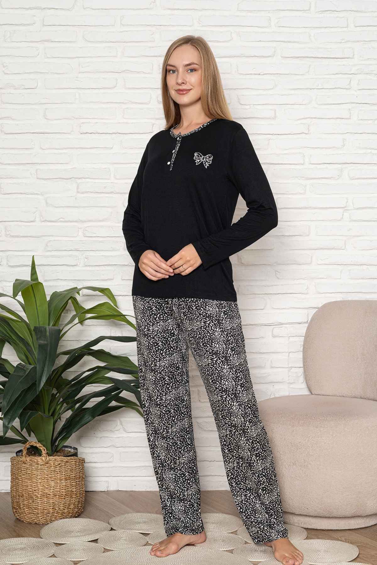 Kadın Pijama Takımı - Siyah Etnik Desen Uzun Kol Likralı Kumaş 2921UY