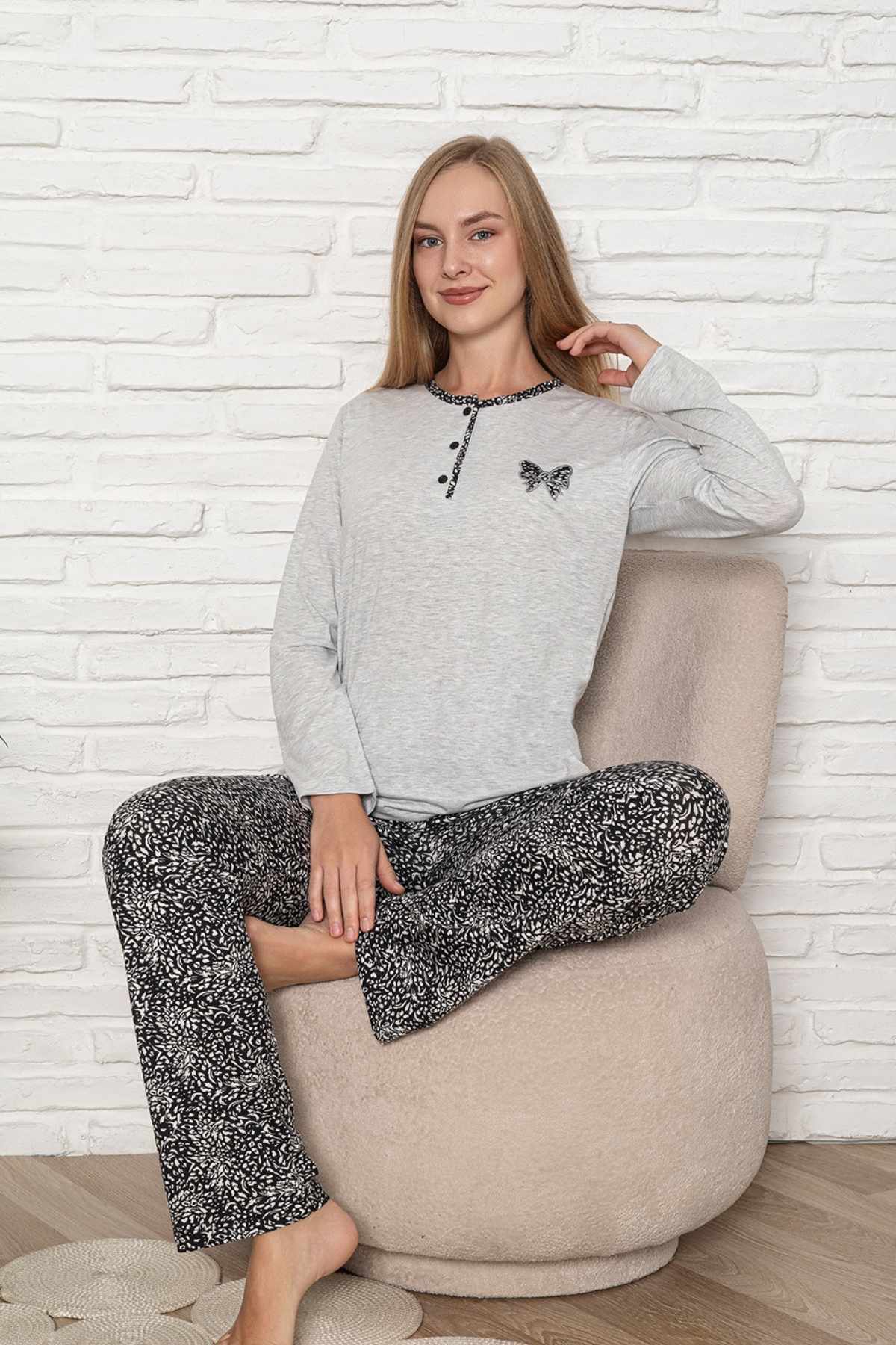 Kadın Pijama Takımı - Gri Etnik Desen Uzun Kol Likralı Kumaş 2921UY