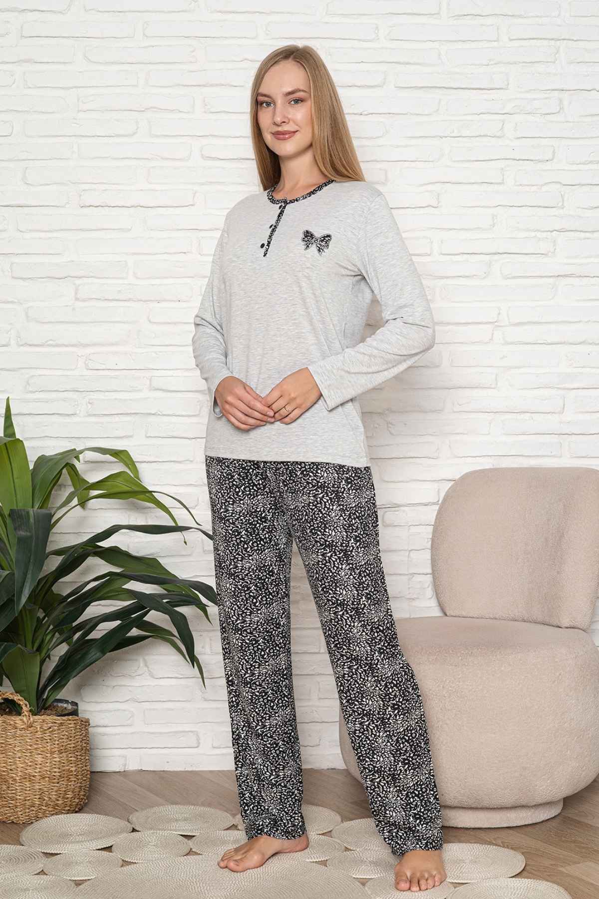 Kadın Pijama Takımı - Gri Etnik Desen Uzun Kol Likralı Kumaş 2921UY