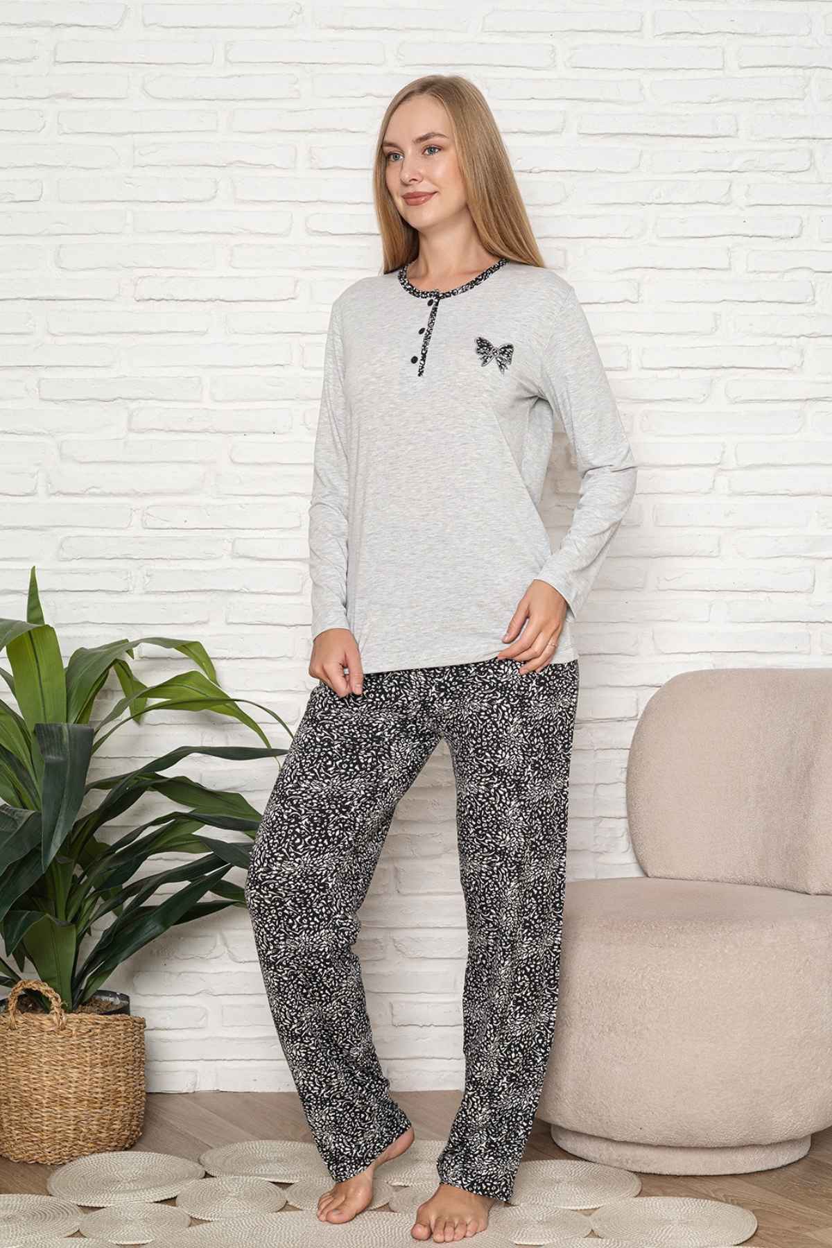 Kadın Pijama Takımı - Gri Etnik Desen Uzun Kol Likralı Kumaş 2921UY