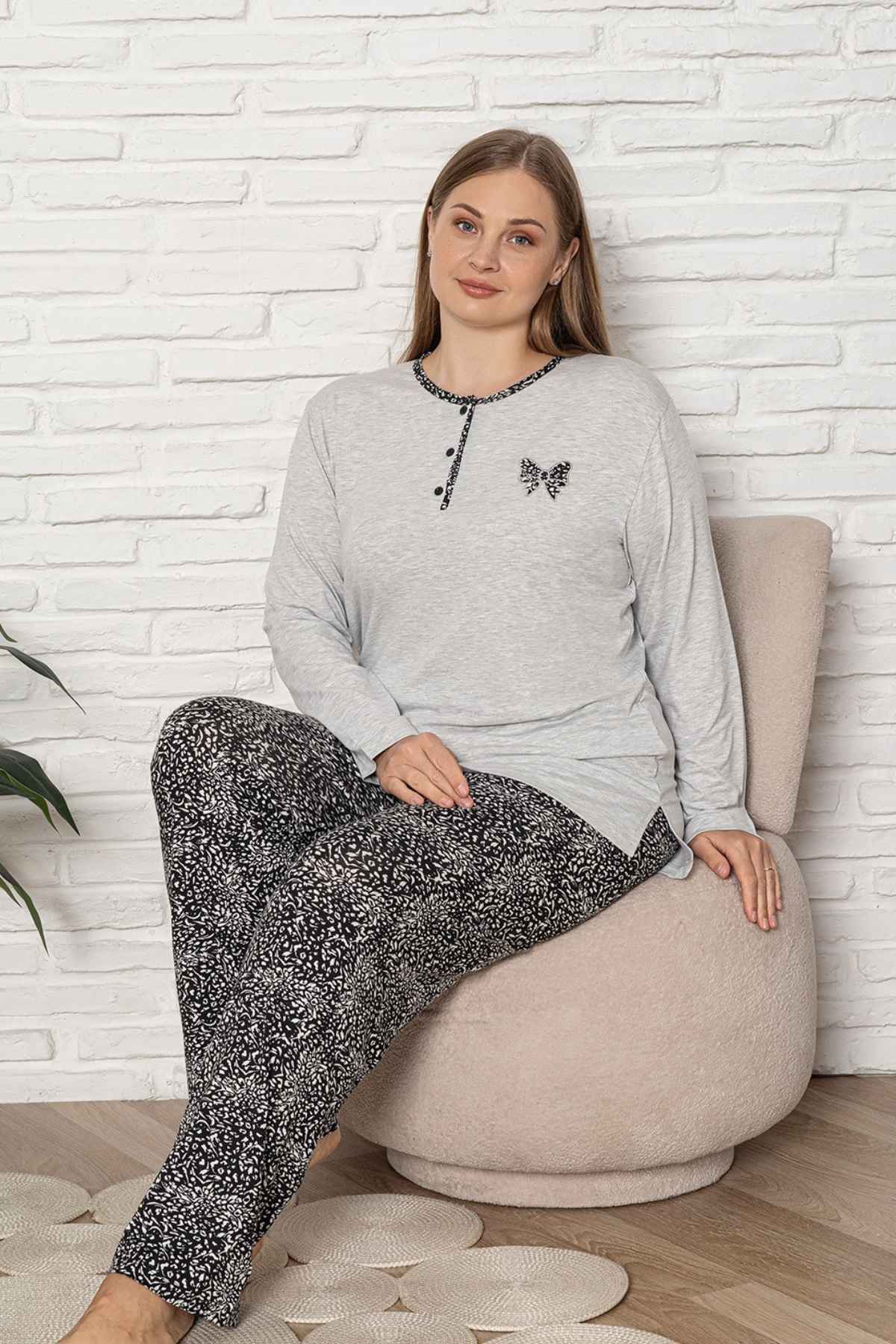 Büyük Beden Kadın Pijama Takımı - Gri Etnik Desen Uzun Kol Likralı Kumaş 2921UYB