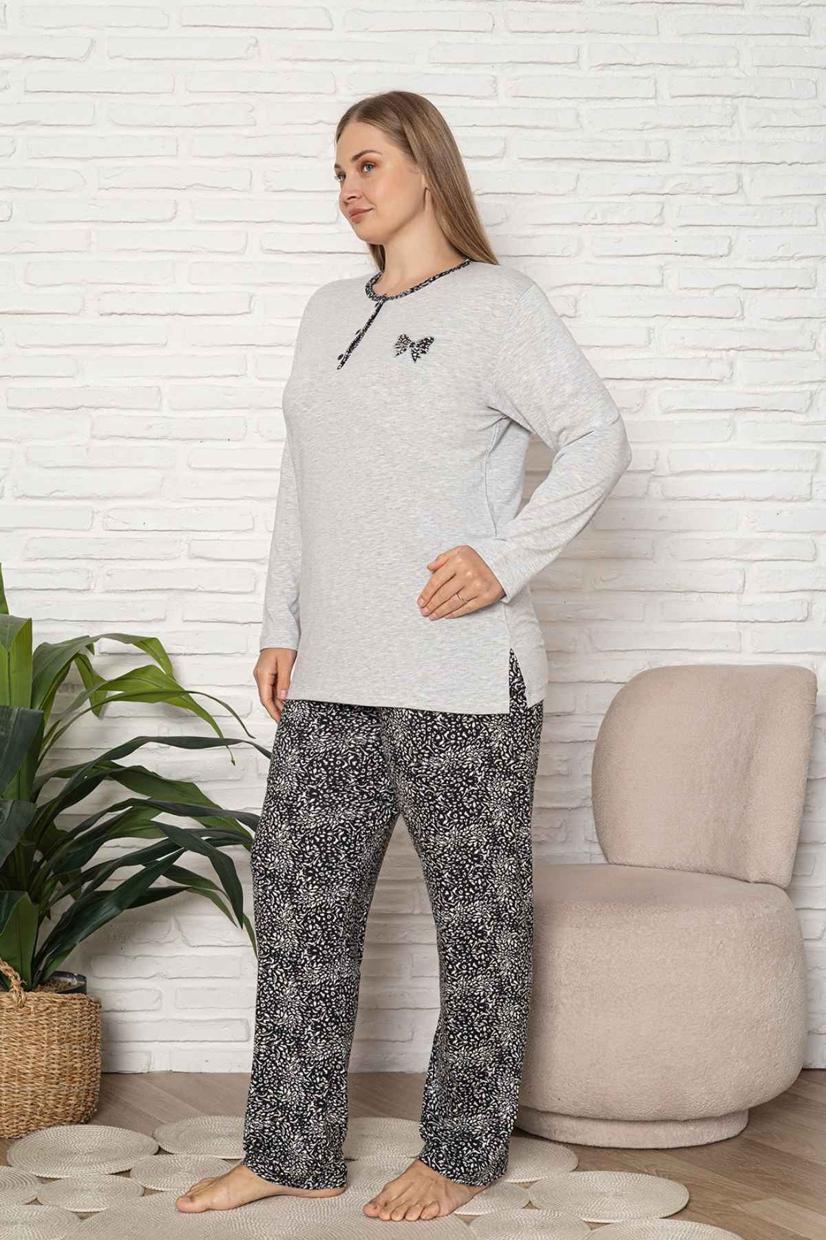 Büyük Beden Kadın Pijama Takımı - Gri Etnik Desen Uzun Kol Likralı Kumaş 2921UYB