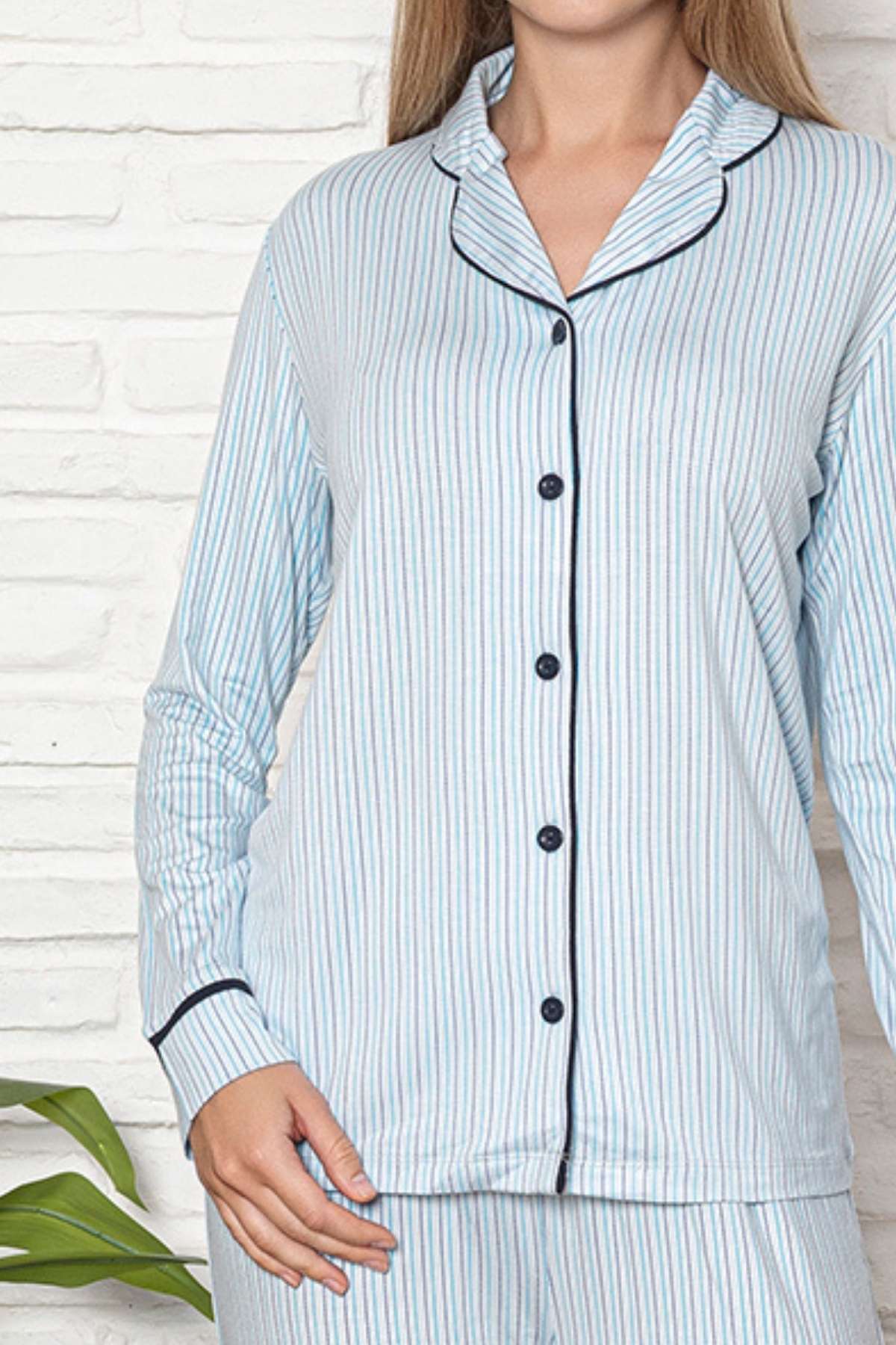 Önden Düğmeli Kadın Pijama Takımı - Mavi Çizgili Desenli Uzun Kol Likralı Rink Viskon 2507UY
