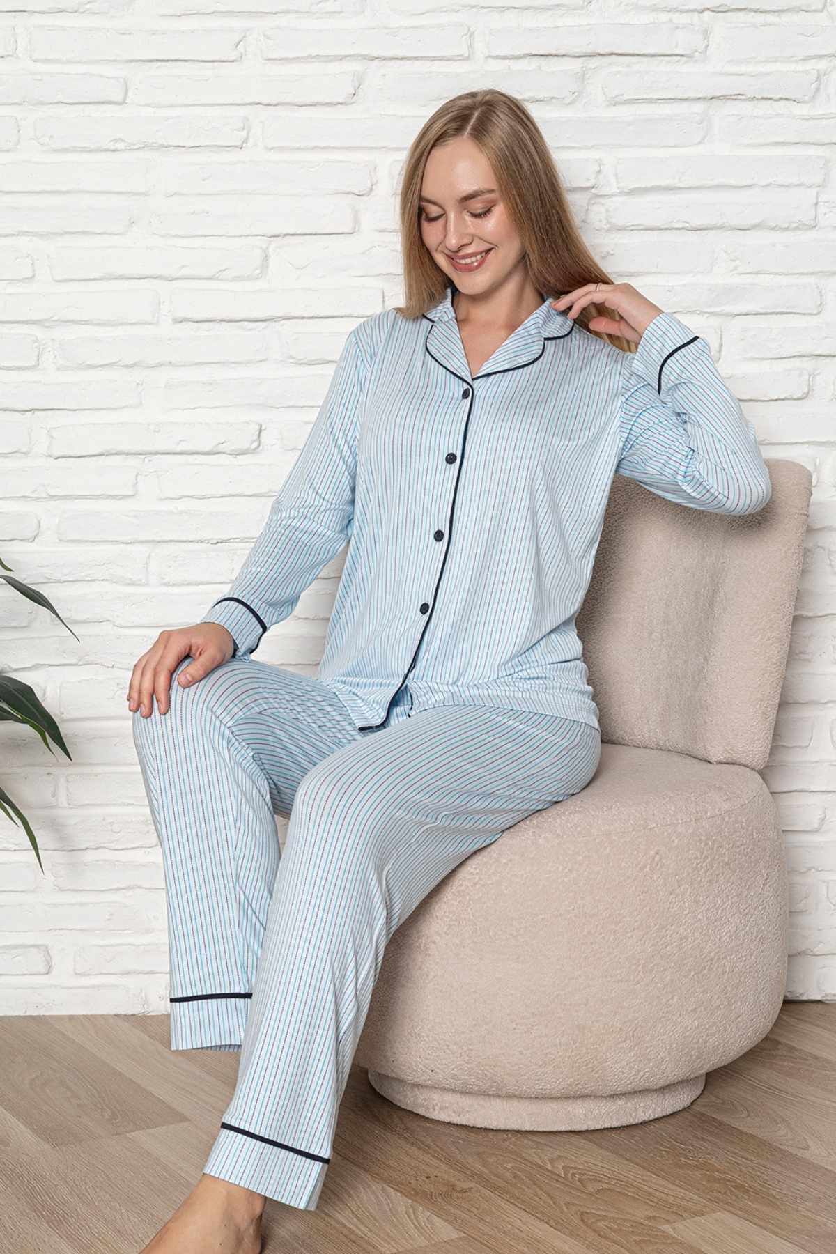 Önden Düğmeli Kadın Pijama Takımı - Mavi Çizgili Desenli Uzun Kol Likralı Rink Viskon 2507UY