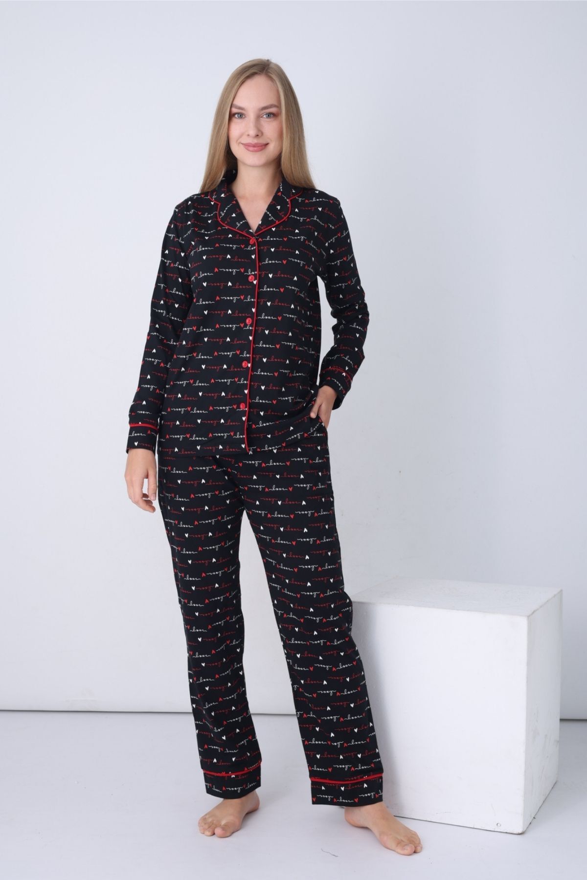 Kadın Pijama Takımı - Siyah Love Önden Düğmeli Uzun Kollu Penye 2926UY