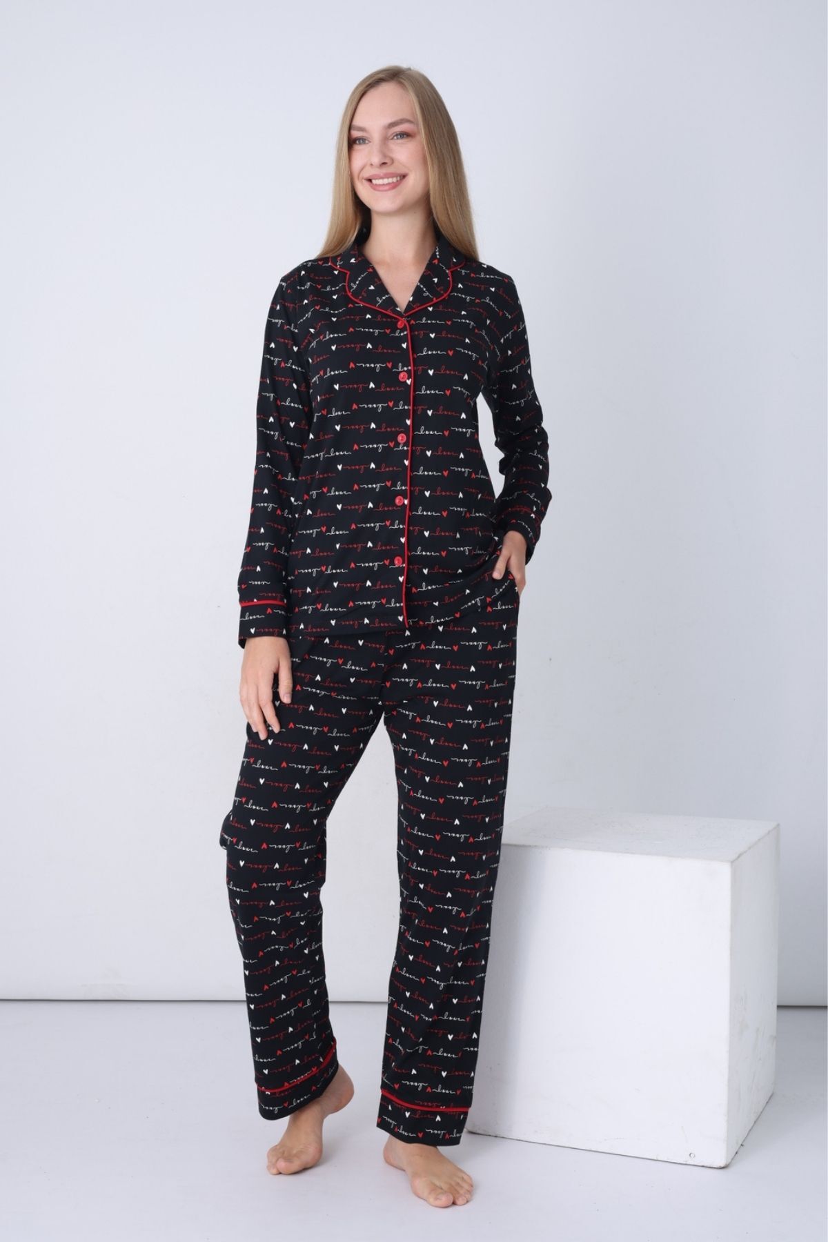 Kadın Pijama Takımı - Siyah Love Önden Düğmeli Uzun Kollu Penye 2926UY
