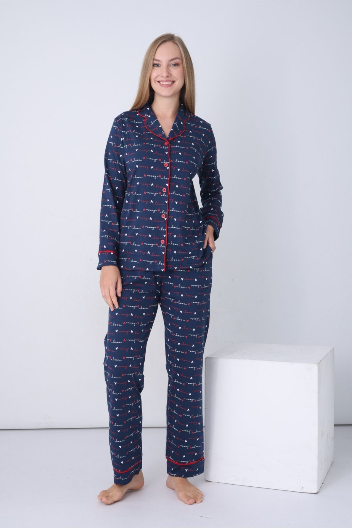 Kadın Pijama Takımı - İndigo Love Önden Düğmeli Uzun Kollu Penye 2926UY
