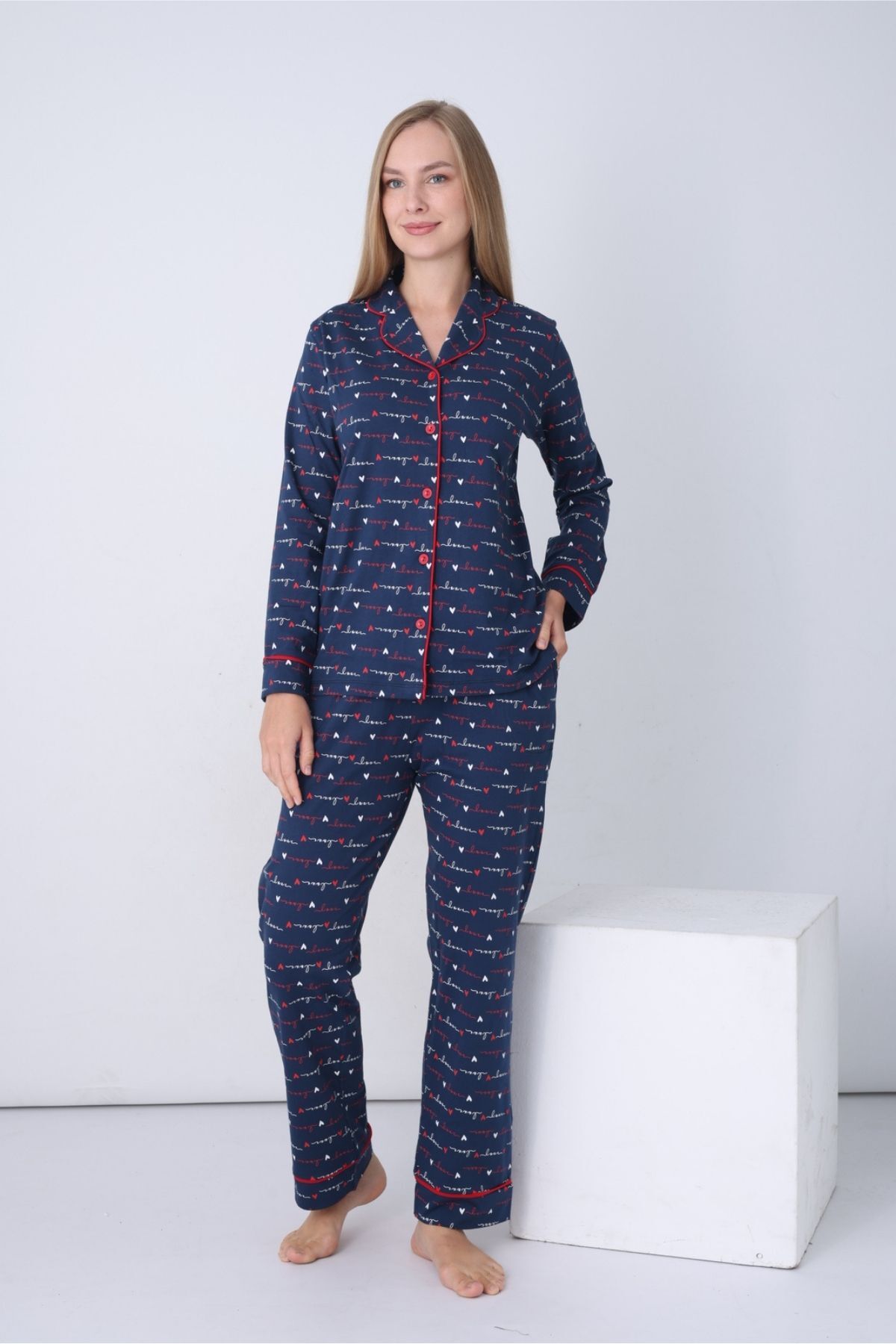 Kadın Pijama Takımı - İndigo Love Önden Düğmeli Uzun Kollu Penye 2926UY