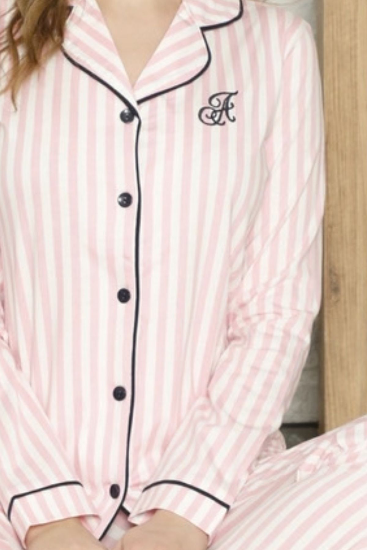 Önden Düğmeli Kadın Pijama Takımı - Pembe Çizgili Uzun Kol %100 Ramuk 2568UY